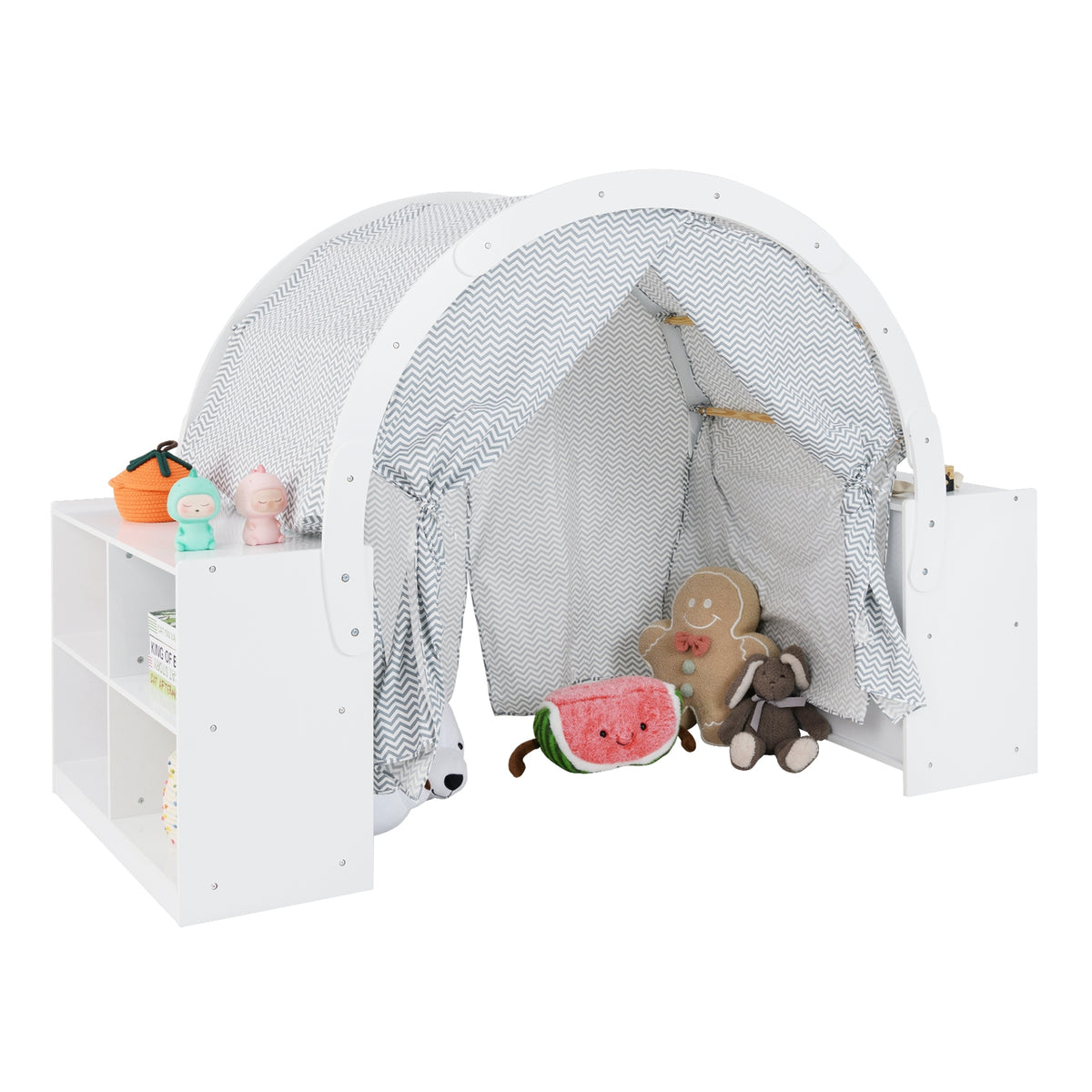 Wooden Kids Play Tent with 8 Cubbies and Curtains - White 71"-Playhouses & Play Tents-DECOROLALA