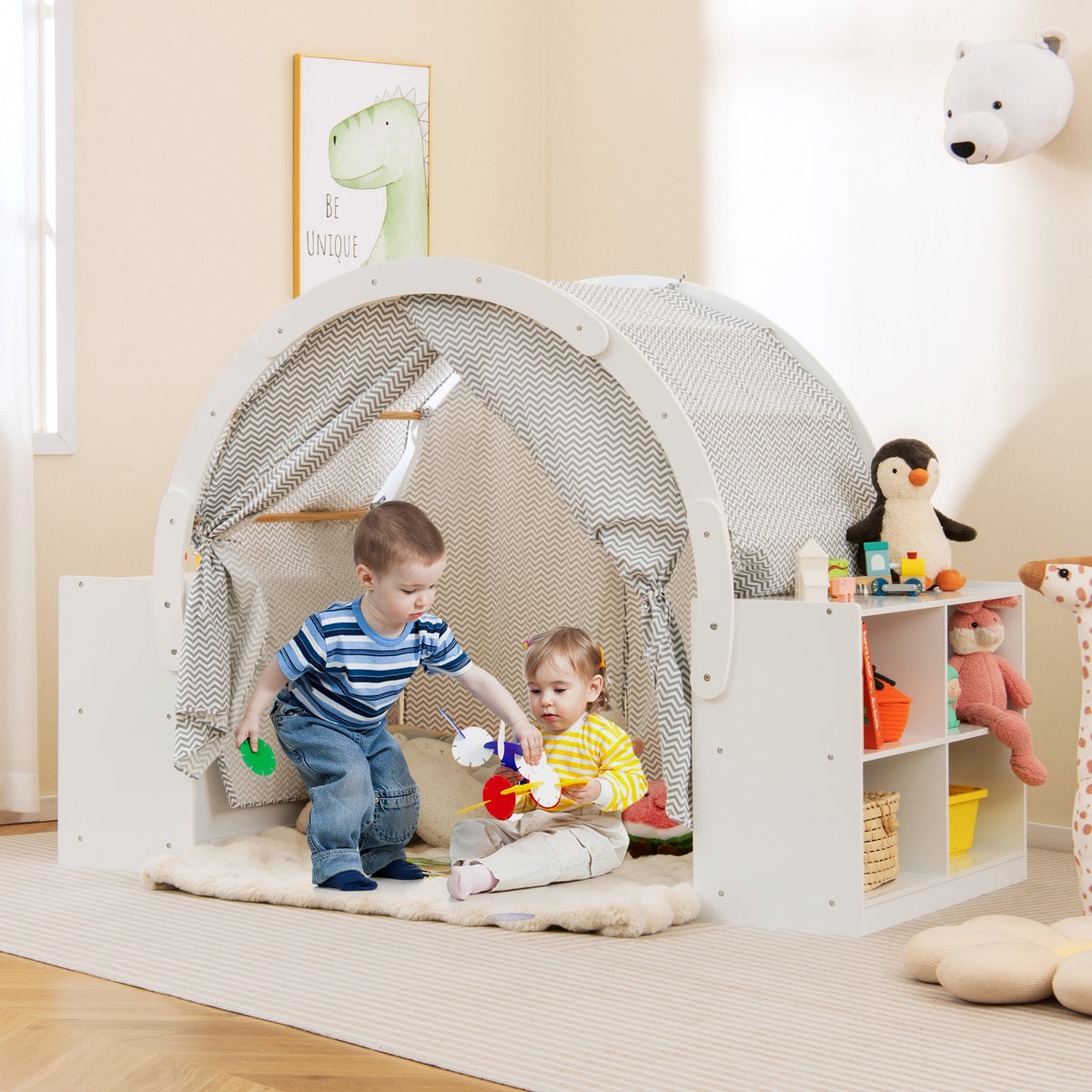 Wooden Kids Play Tent with 8 Cubbies and Curtains - White 71"-Playhouses & Play Tents-DECOROLALA