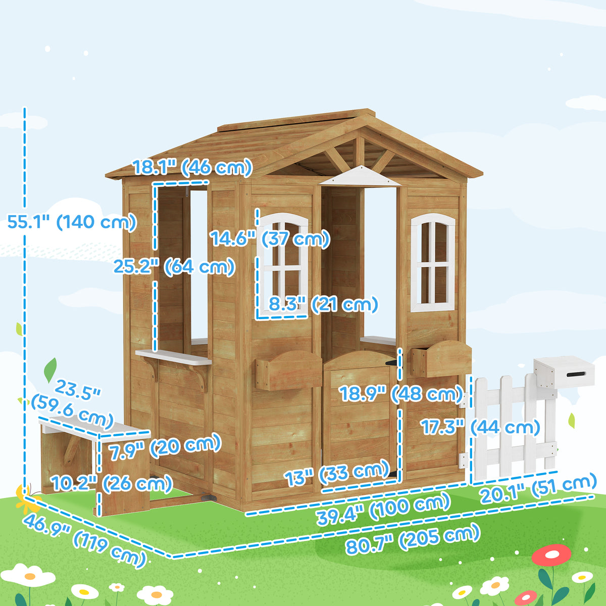 Wooden Kids Playhouse with Door Windows Mailbox Flower Pot Holder Serving Station Bench Yellow-Toys & Games > Baby & Toddler Toys > Toy Playsets > Play Houses-DECOROLALA