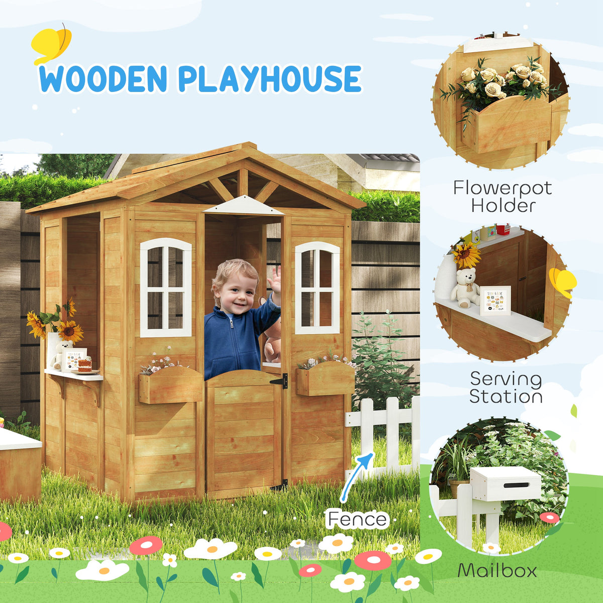 Wooden Kids Playhouse with Door Windows Mailbox Flower Pot Holder Serving Station Bench Yellow-Toys & Games > Baby & Toddler Toys > Toy Playsets > Play Houses-DECOROLALA