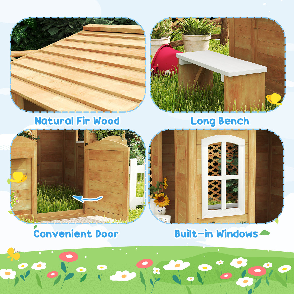 Wooden Kids Playhouse with Door Windows Mailbox Flower Pot Holder Serving Station Bench Yellow-Toys & Games > Baby & Toddler Toys > Toy Playsets > Play Houses-DECOROLALA