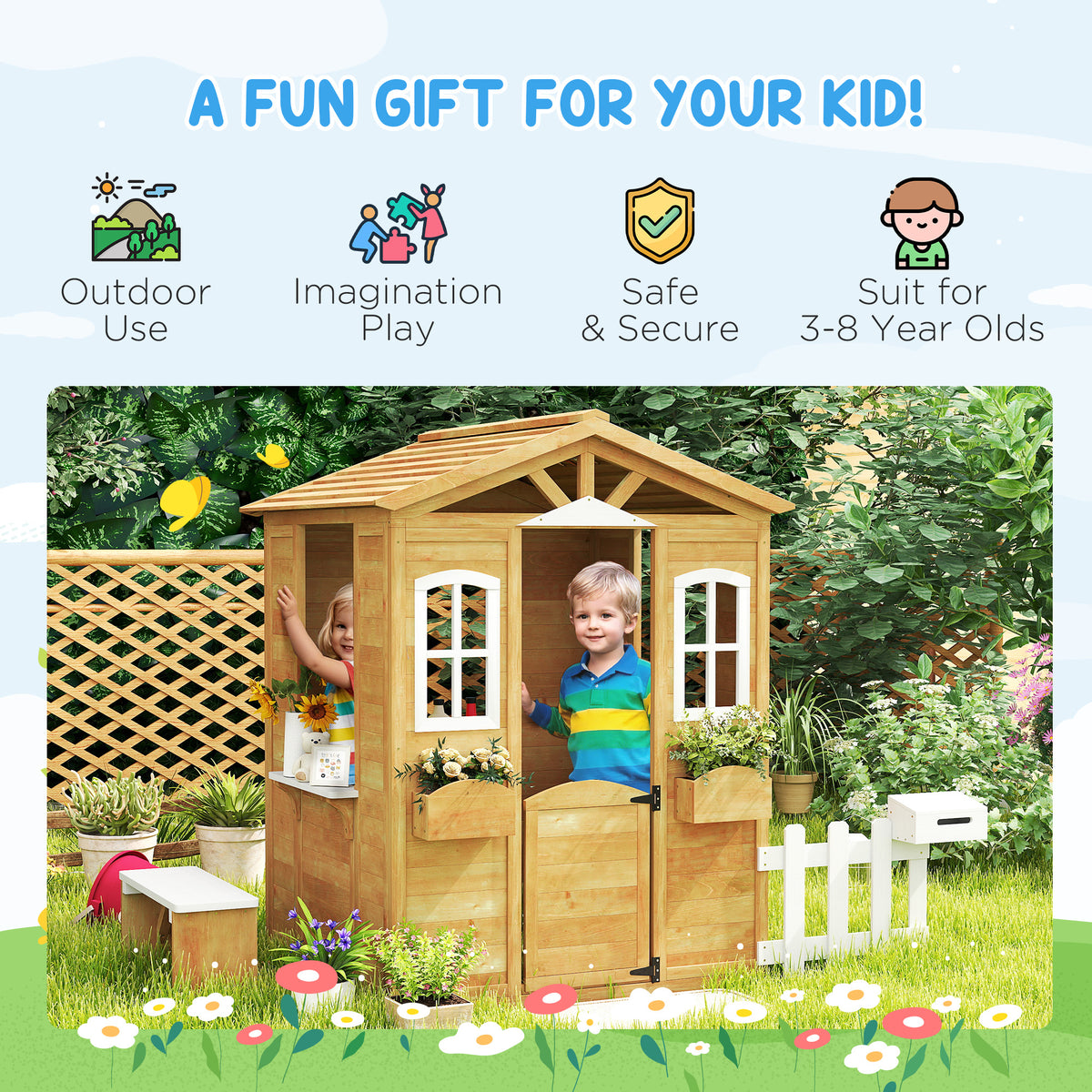 Wooden Kids Playhouse with Door Windows Mailbox Flower Pot Holder Serving Station Bench Yellow-Toys & Games > Baby & Toddler Toys > Toy Playsets > Play Houses-DECOROLALA
