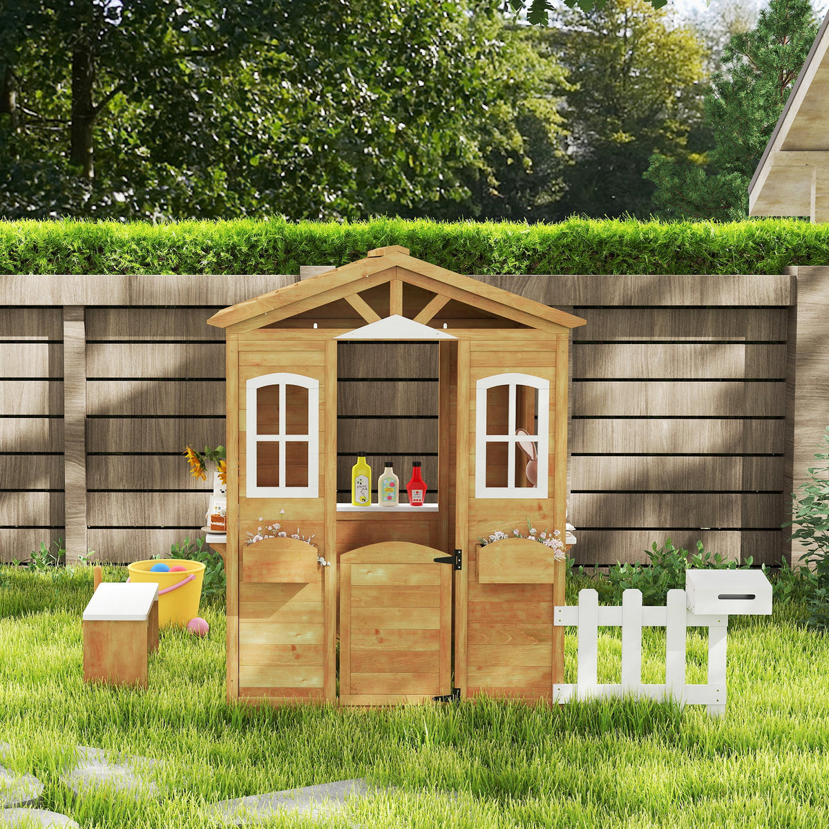 Wooden Kids Playhouse with Door Windows Mailbox Flower Pot Holder Serving Station Bench Yellow-Toys & Games > Baby & Toddler Toys > Toy Playsets > Play Houses-DECOROLALA