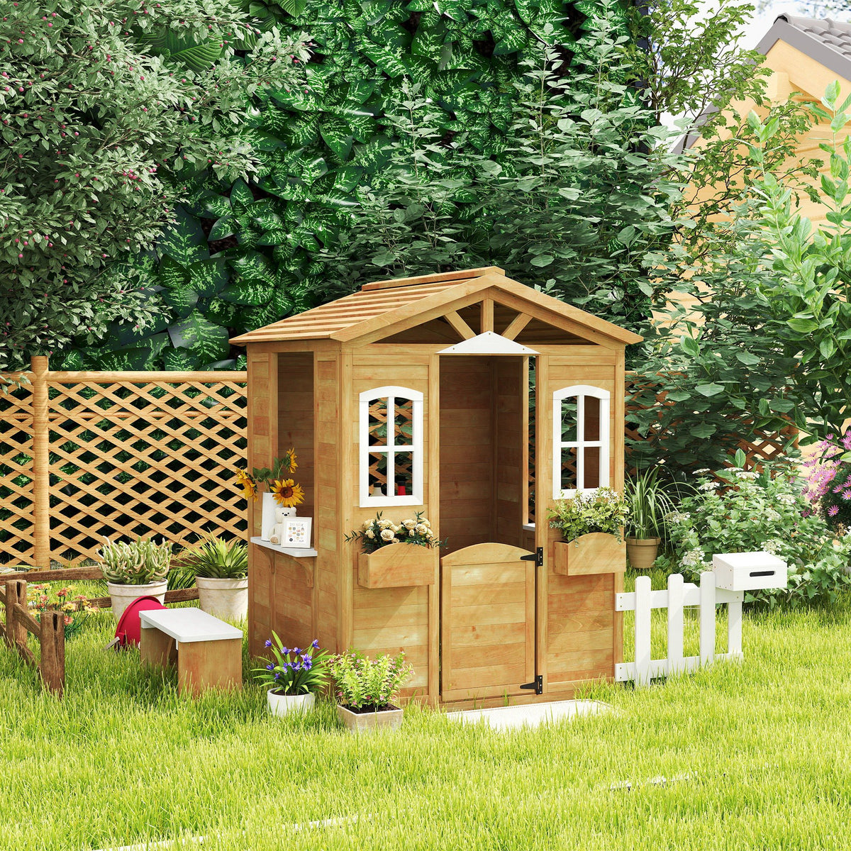 Wooden Kids Playhouse with Door Windows Mailbox Flower Pot Holder Serving Station Bench Yellow-Toys & Games > Baby & Toddler Toys > Toy Playsets > Play Houses-DECOROLALA