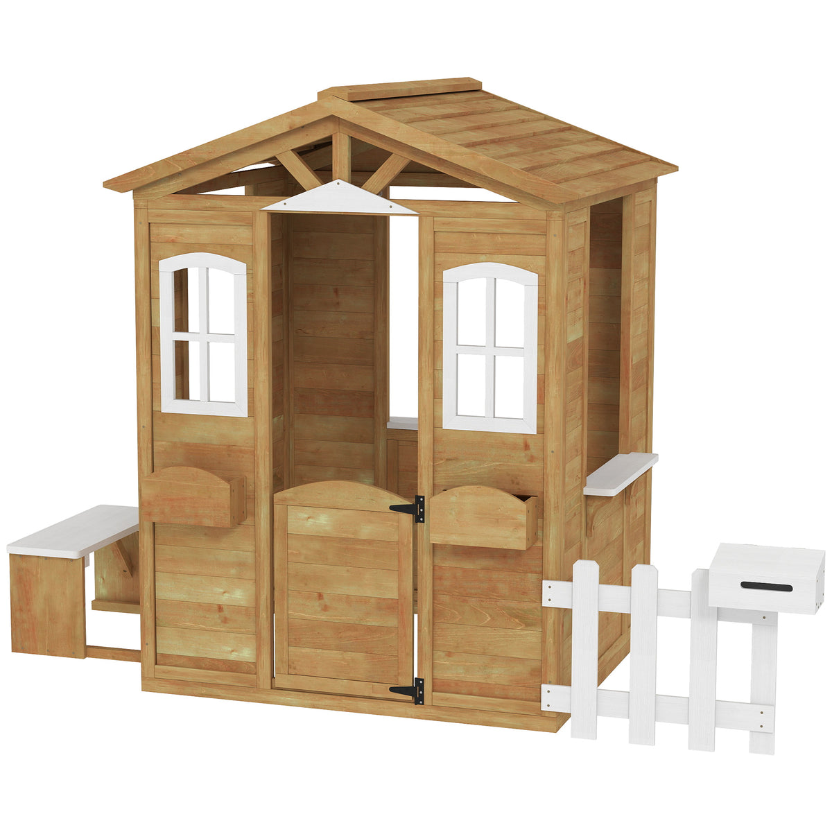 Wooden Kids Playhouse with Door Windows Mailbox Flower Pot Holder Serving Station Bench Yellow-Toys & Games > Baby & Toddler Toys > Toy Playsets > Play Houses-DECOROLALA