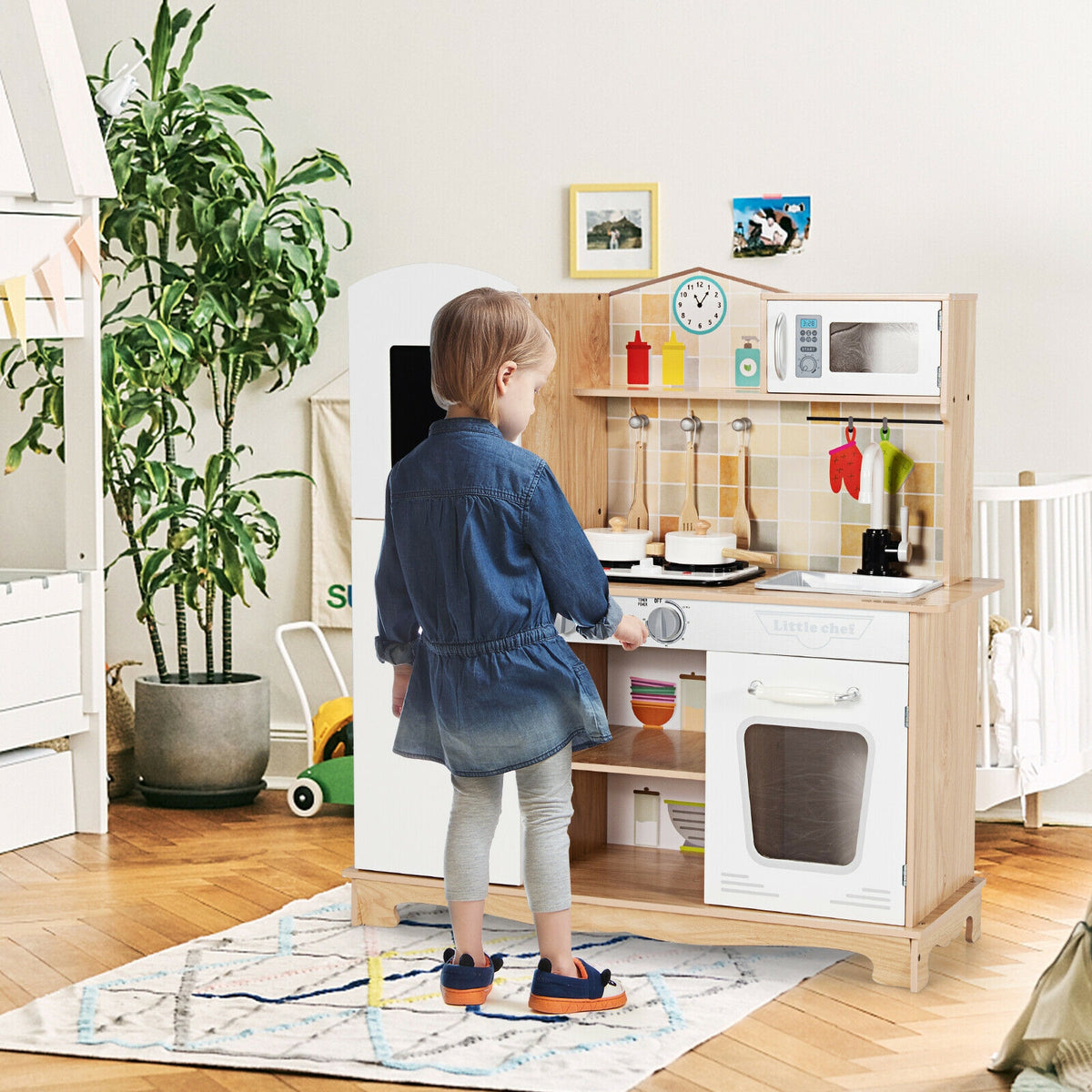 Wooden Kids Pretend Kitchen Playset - MDF with Utensils and Sound-Play Kitchen Sets-DECOROLALA