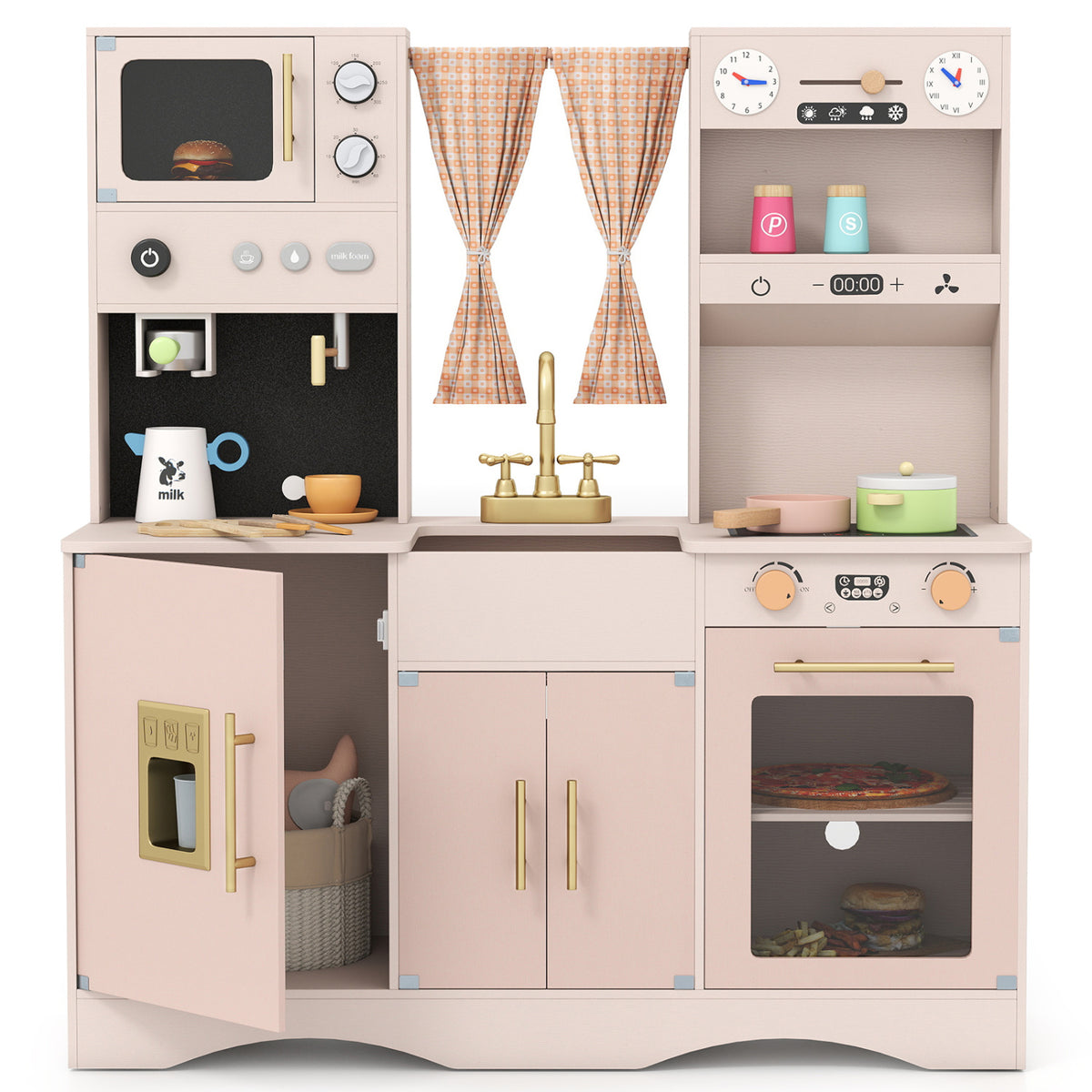 Wooden Kids Pretend Play Kitchen - Pink 36" Kitchen Playset-Play Kitchen Sets-DECOROLALA