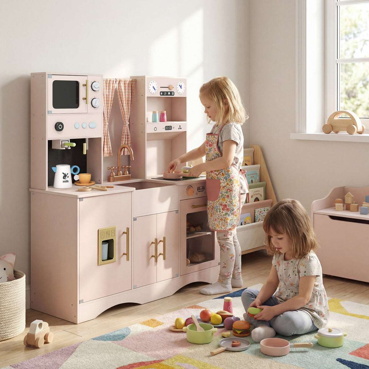 Wooden Kids Pretend Play Kitchen - Pink 36" Kitchen Playset-Play Kitchen Sets-DECOROLALA