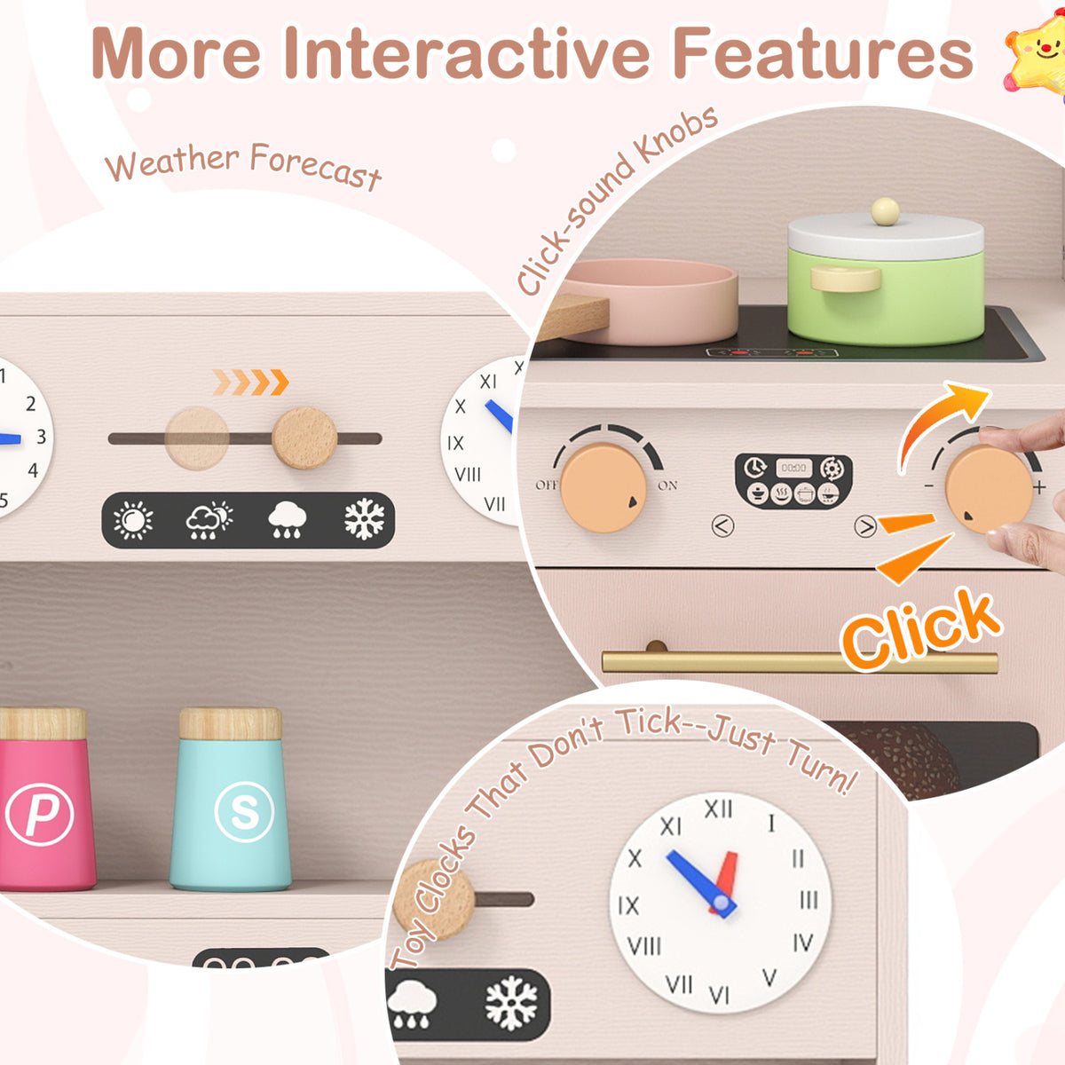 Wooden Kids Pretend Play Toy Kitchen with Microwave and Coffee Maker for Boys & Girls Ages 3+-Pink