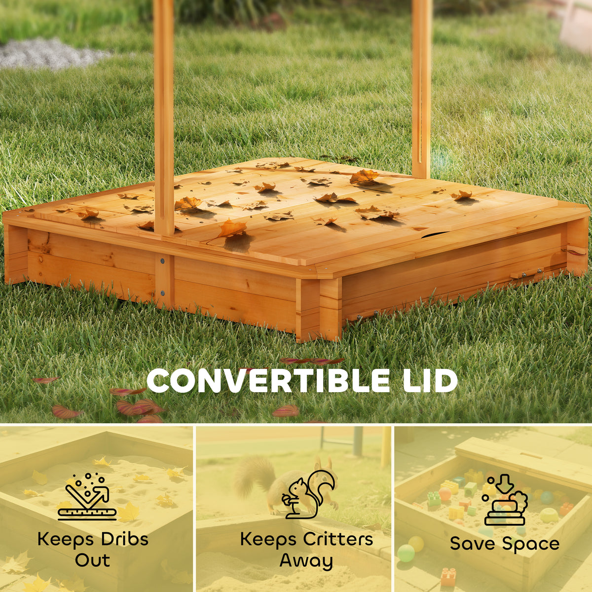 Wooden Kids Sandbox with Cover, Sand Play Station with Foldable Bench Seats and Adjustable Canopy, Light Brown-Sandboxes-DECOROLALA