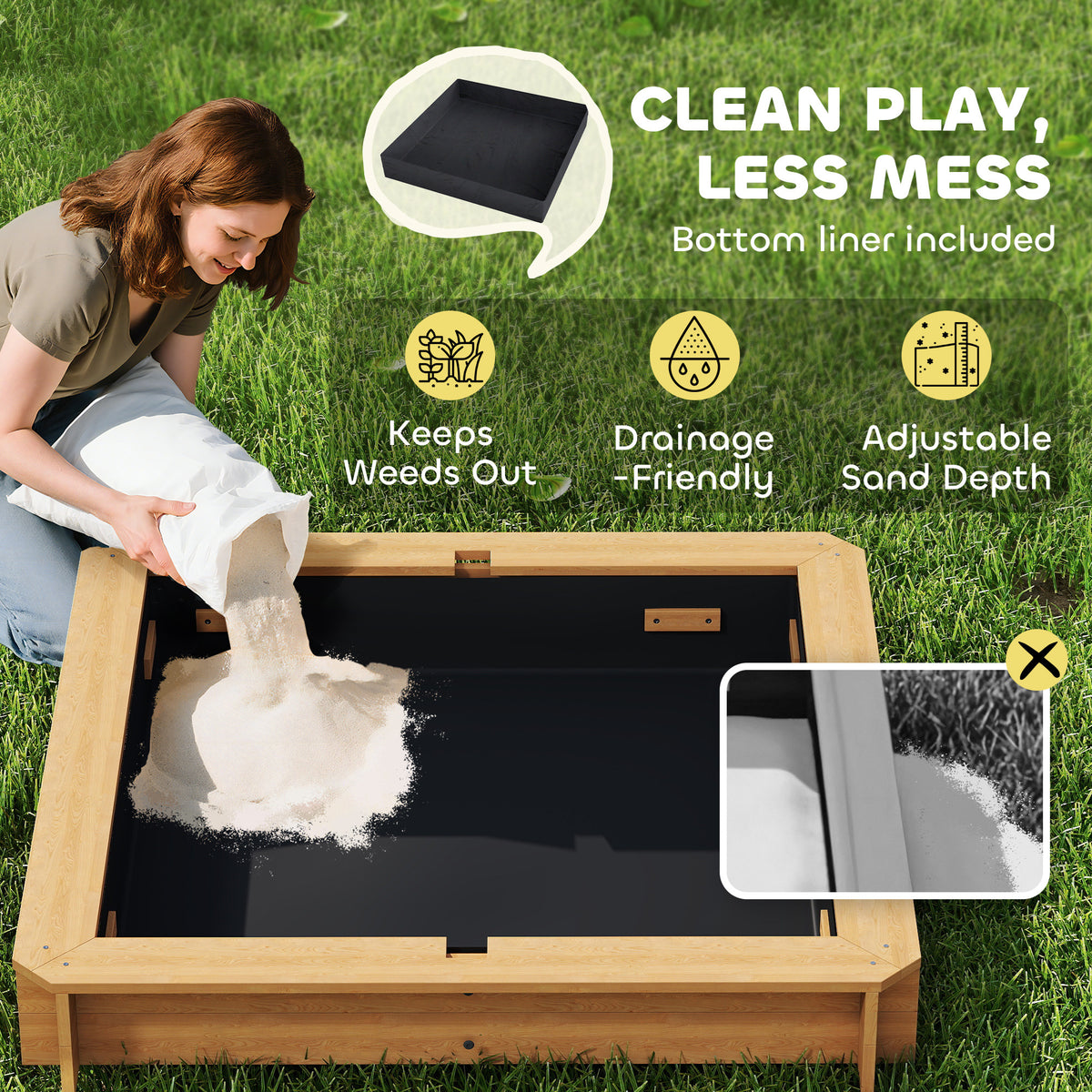 Wooden Kids Sandbox with Cover, Sand Play Station with Foldable Bench Seats and Adjustable Canopy, Light Brown-Sandboxes-DECOROLALA