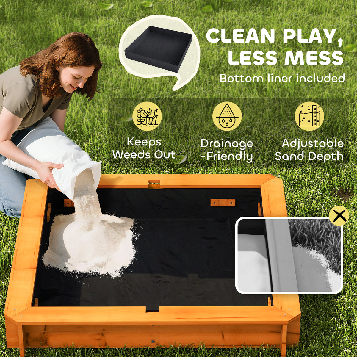 Wooden Kids Sandbox with Cover, Sand Play Station with Foldable Bench Seats and Adjustable Canopy, Light Brown-Sandboxes-DECOROLALA