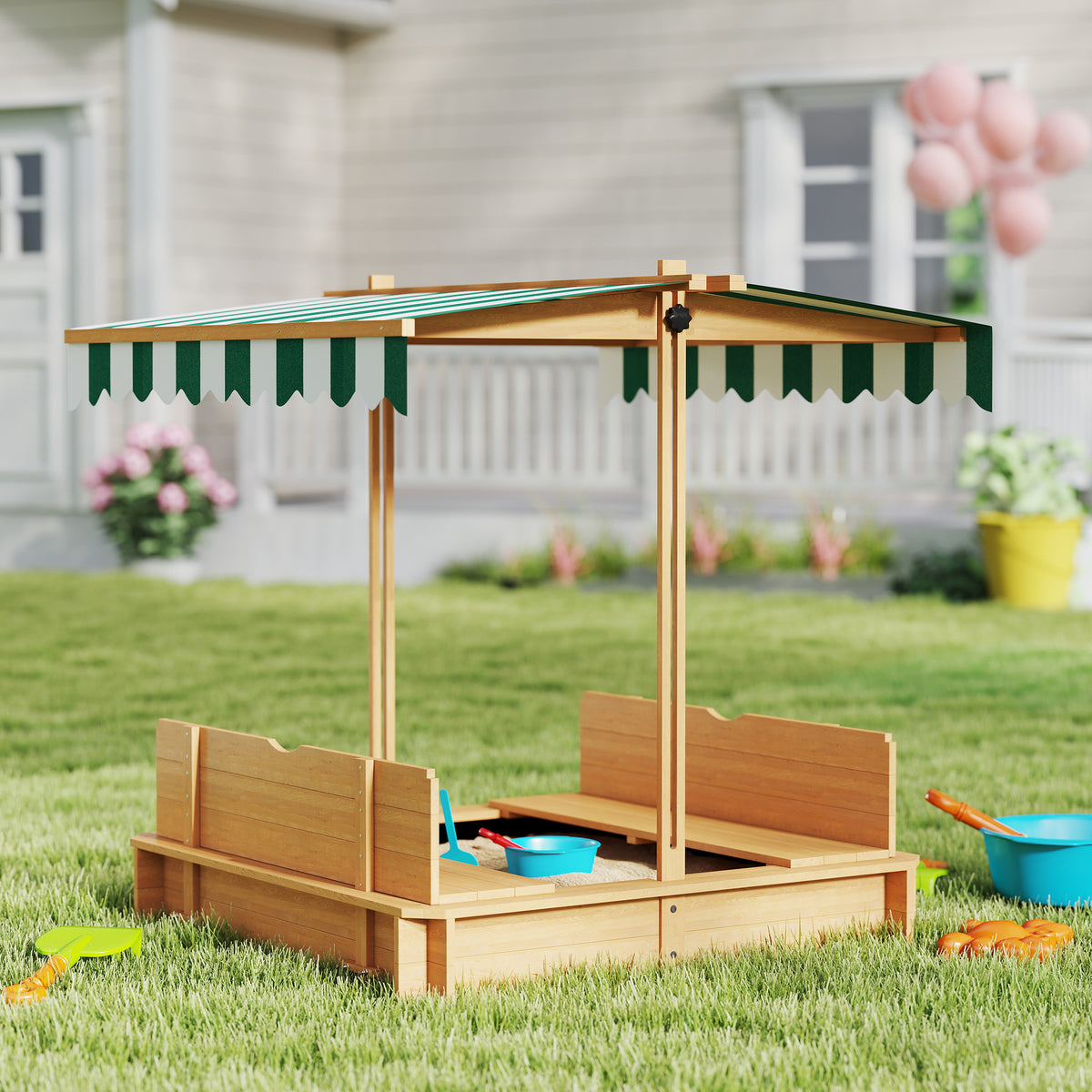 Wooden Kids Sandbox with Cover, Sand Play Station with Foldable Bench Seats and Adjustable Canopy, Light Brown-Sandboxes-DECOROLALA