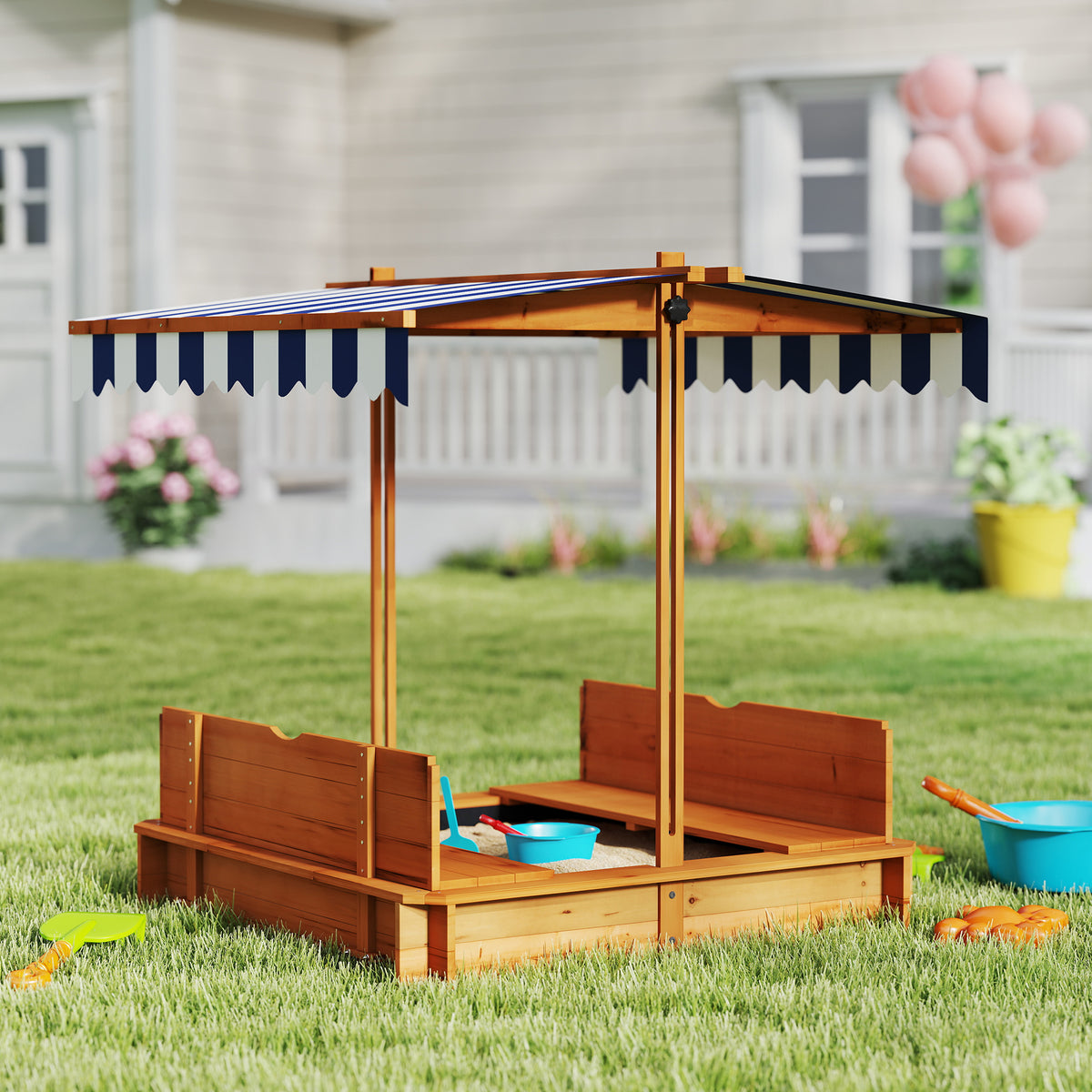 Wooden Kids Sandbox with Cover, Sand Play Station with Foldable Bench Seats and Adjustable Canopy, Light Brown-Sandboxes-DECOROLALA
