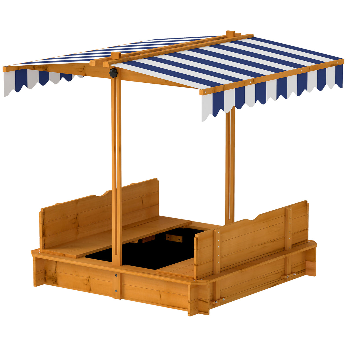 Wooden Kids Sandbox with Cover, Sand Play Station with Foldable Bench Seats and Adjustable Canopy, Light Brown-Sandboxes-DECOROLALA