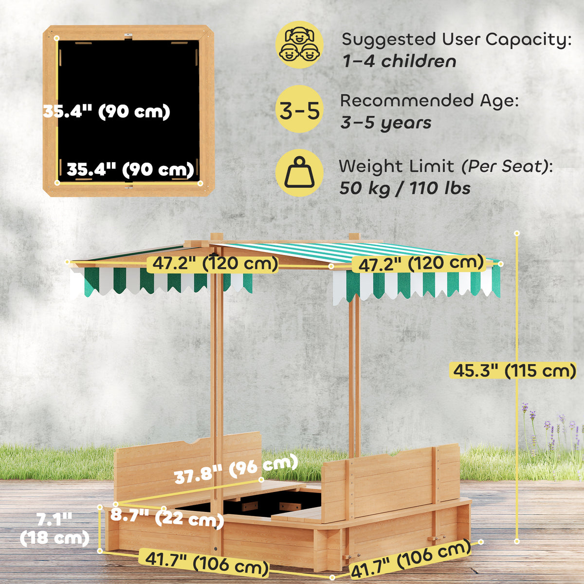 Wooden Kids Sandbox with Cover, Sand Play Station with Foldable Bench Seats and Adjustable Canopy, Light Brown-Sandboxes-DECOROLALA