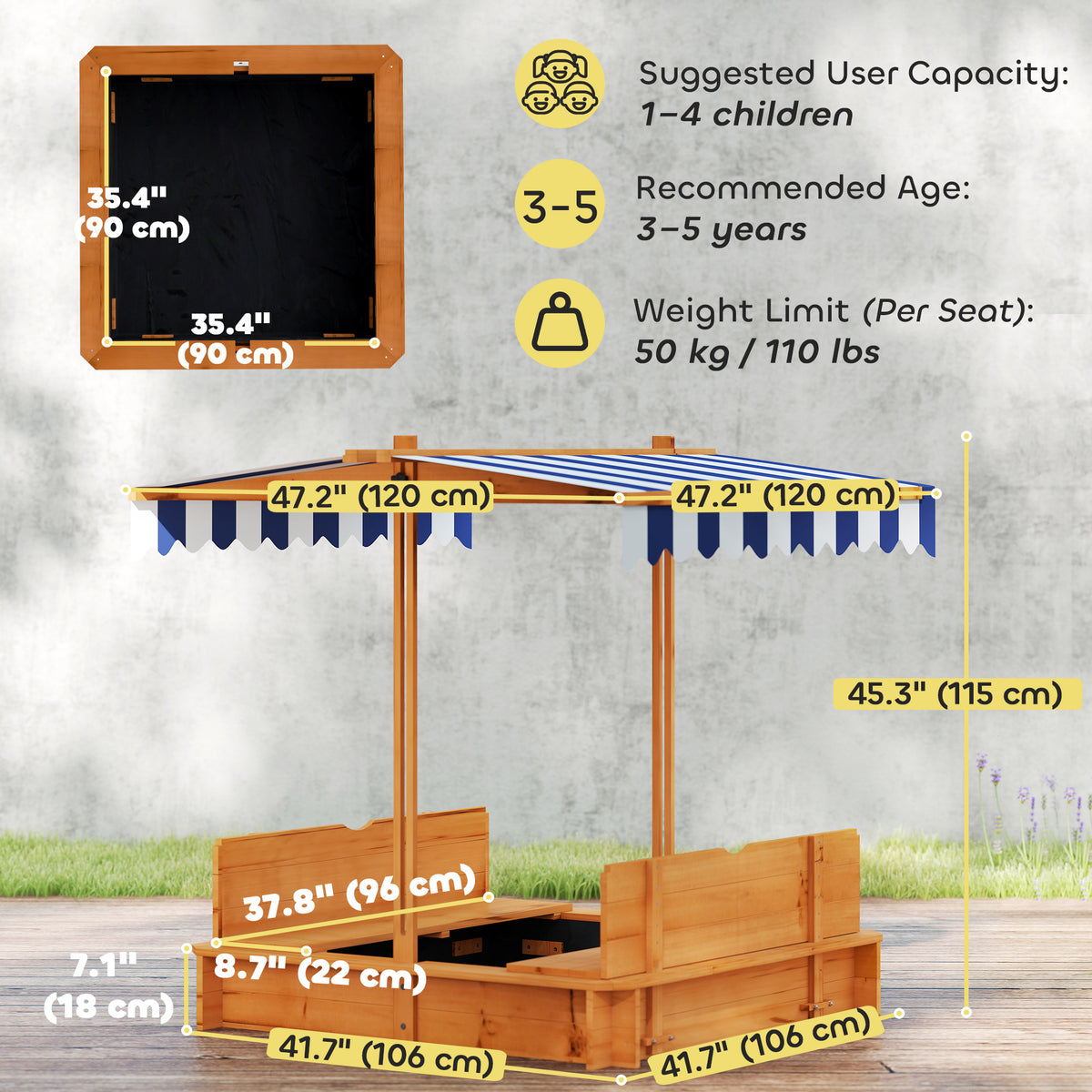 Wooden Kids Sandbox with Cover, Sand Play Station with Foldable Bench Seats and Adjustable Canopy, Light Brown-Sandboxes-DECOROLALA