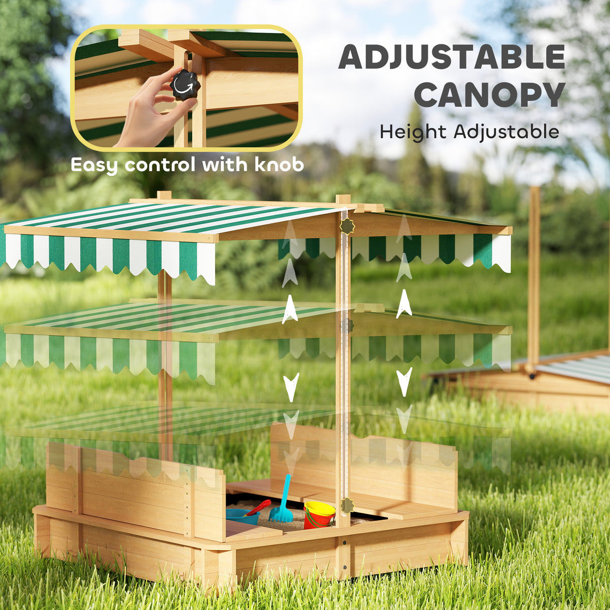 Wooden Kids Sandbox with Cover, Sand Play Station with Foldable Bench Seats and Adjustable Canopy, Light Brown-Sandboxes-DECOROLALA