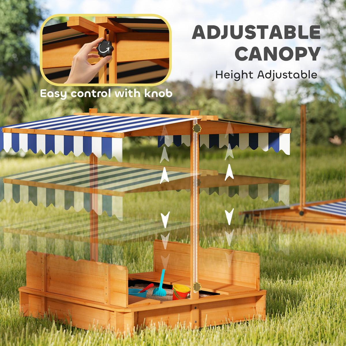 Wooden Kids Sandbox with Cover, Sand Play Station with Foldable Bench Seats and Adjustable Canopy, Light Brown-Sandboxes-DECOROLALA