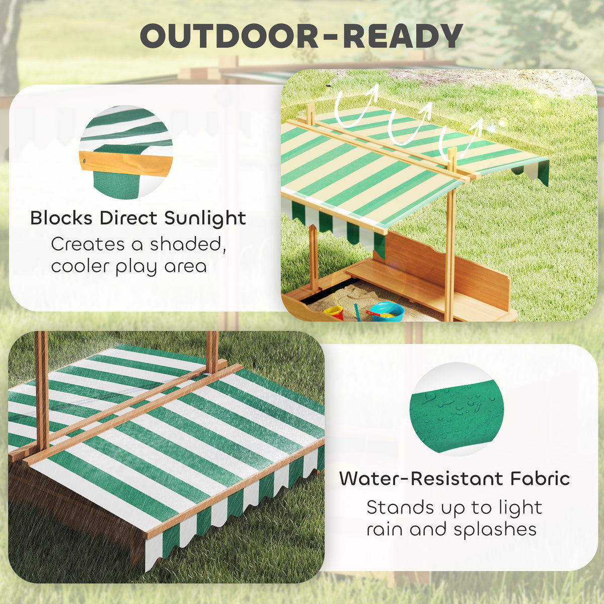 Wooden Kids Sandbox with Cover, Sand Play Station with Foldable Bench Seats and Adjustable Canopy, Light Brown-Sandboxes-DECOROLALA
