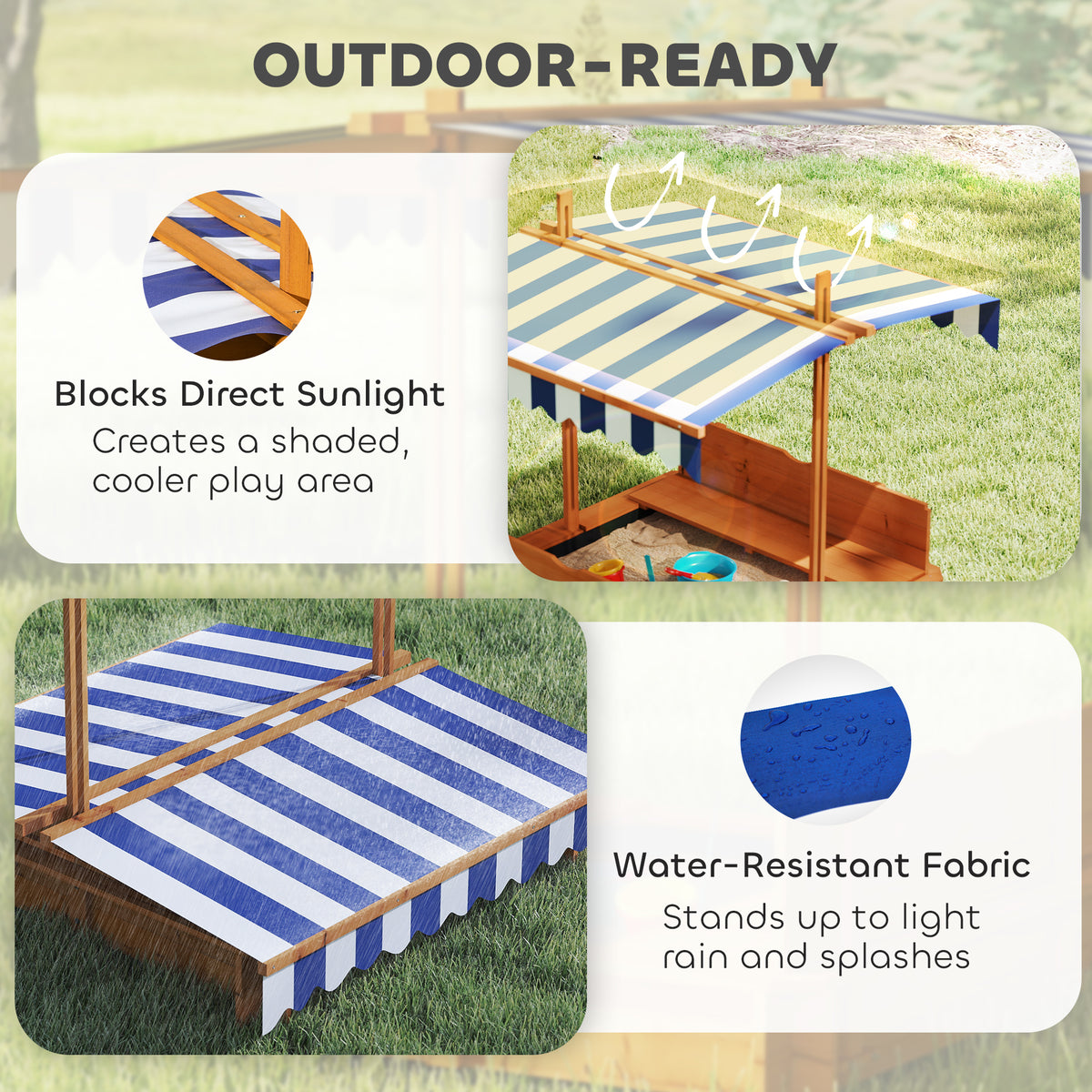 Wooden Kids Sandbox with Cover, Sand Play Station with Foldable Bench Seats and Adjustable Canopy, Light Brown-Sandboxes-DECOROLALA