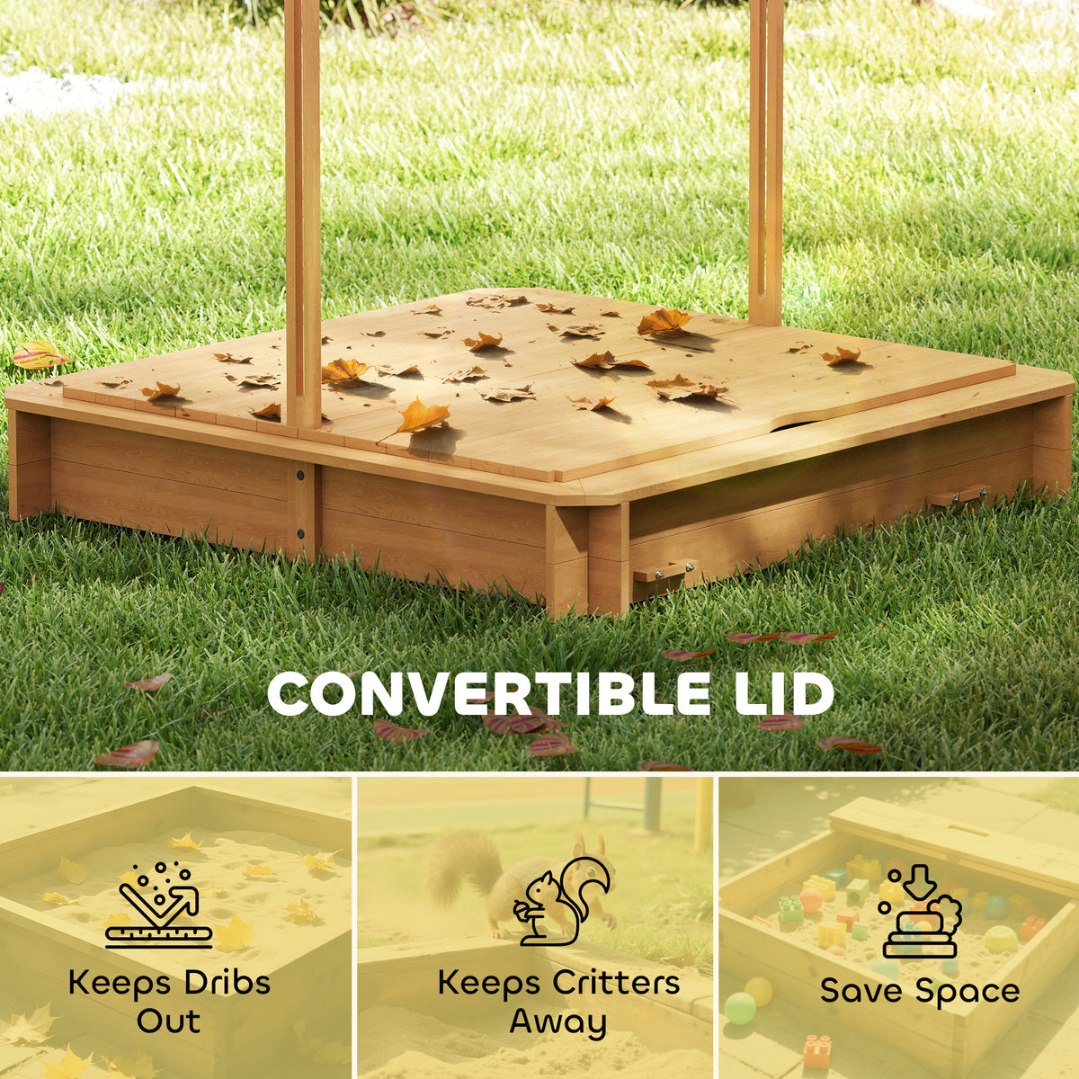 Wooden Kids Sandbox with Cover, Sand Play Station with Foldable Bench Seats and Adjustable Canopy, Light Brown-Sandboxes-DECOROLALA