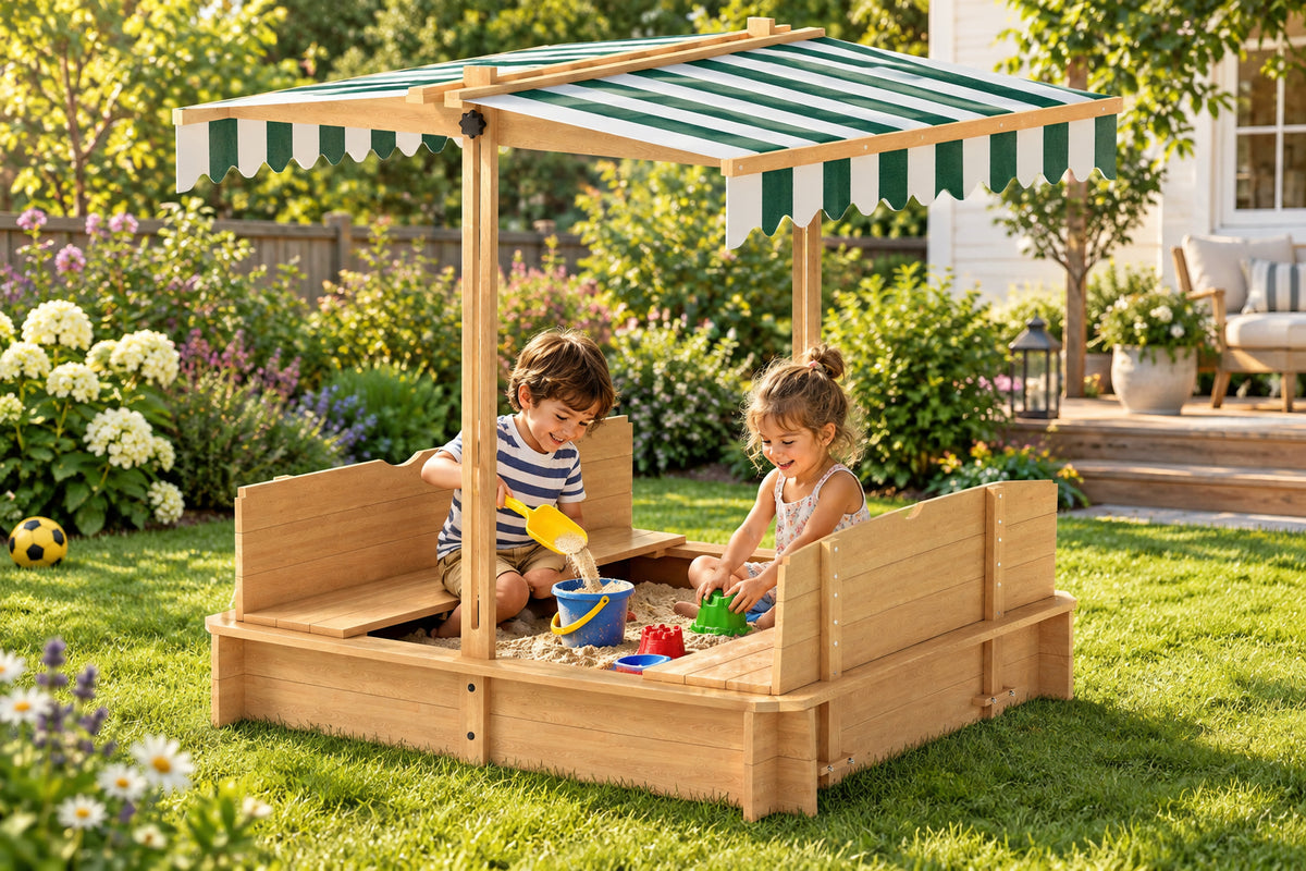 Wooden Kids Sandbox with Adjustable Canopy and Bench Seats-Sandboxes-DECOROLALA