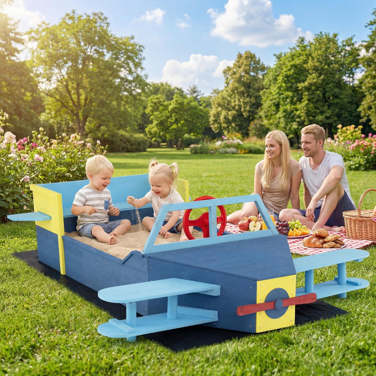 Wooden Kids Sandbox with Bench Seat - Glider Design, Blue-Sandboxes-DECOROLALA