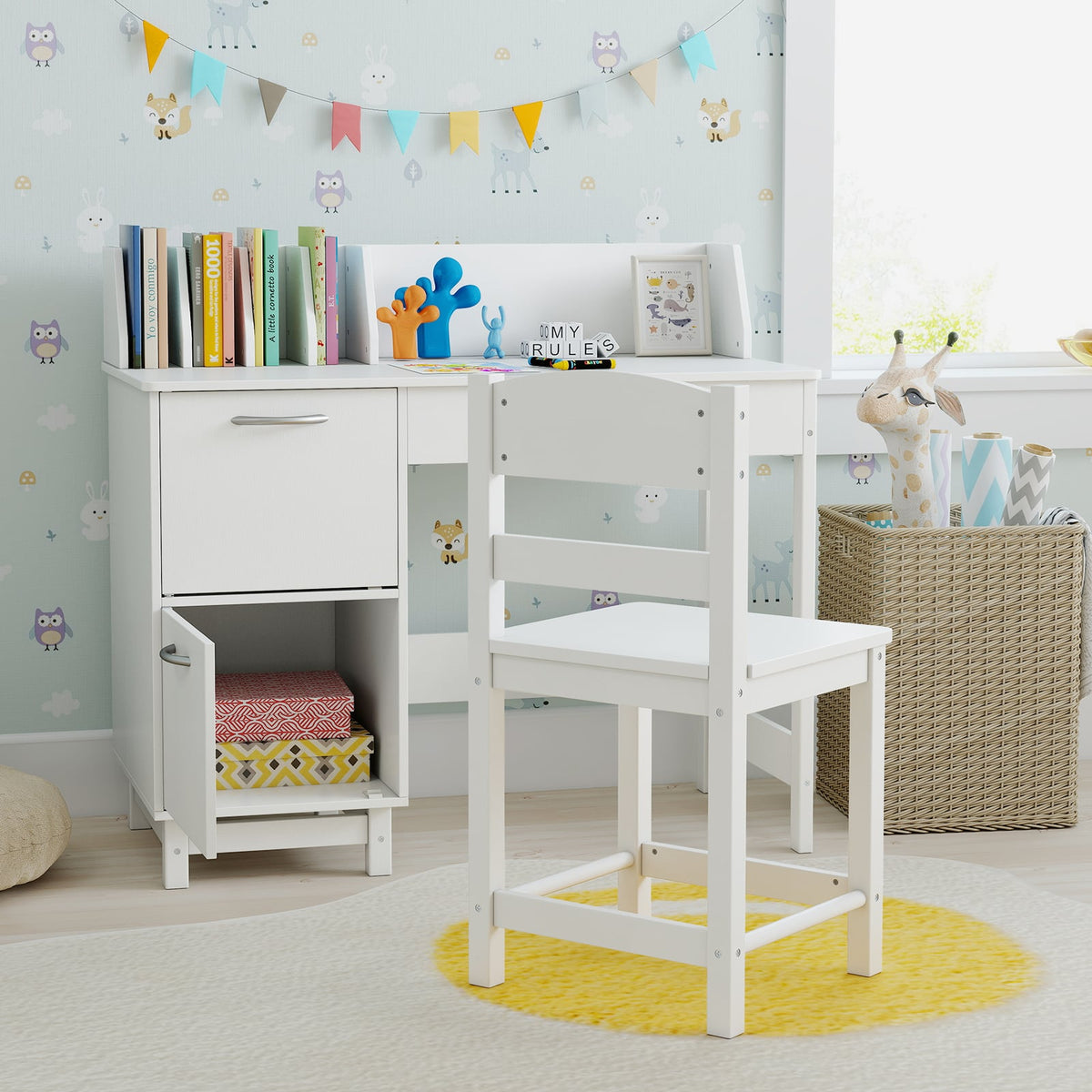 Wooden Kids Study Desk and Chair Set Student Workstation-White-Kids Tables & Chair Sets-DECOROLALA