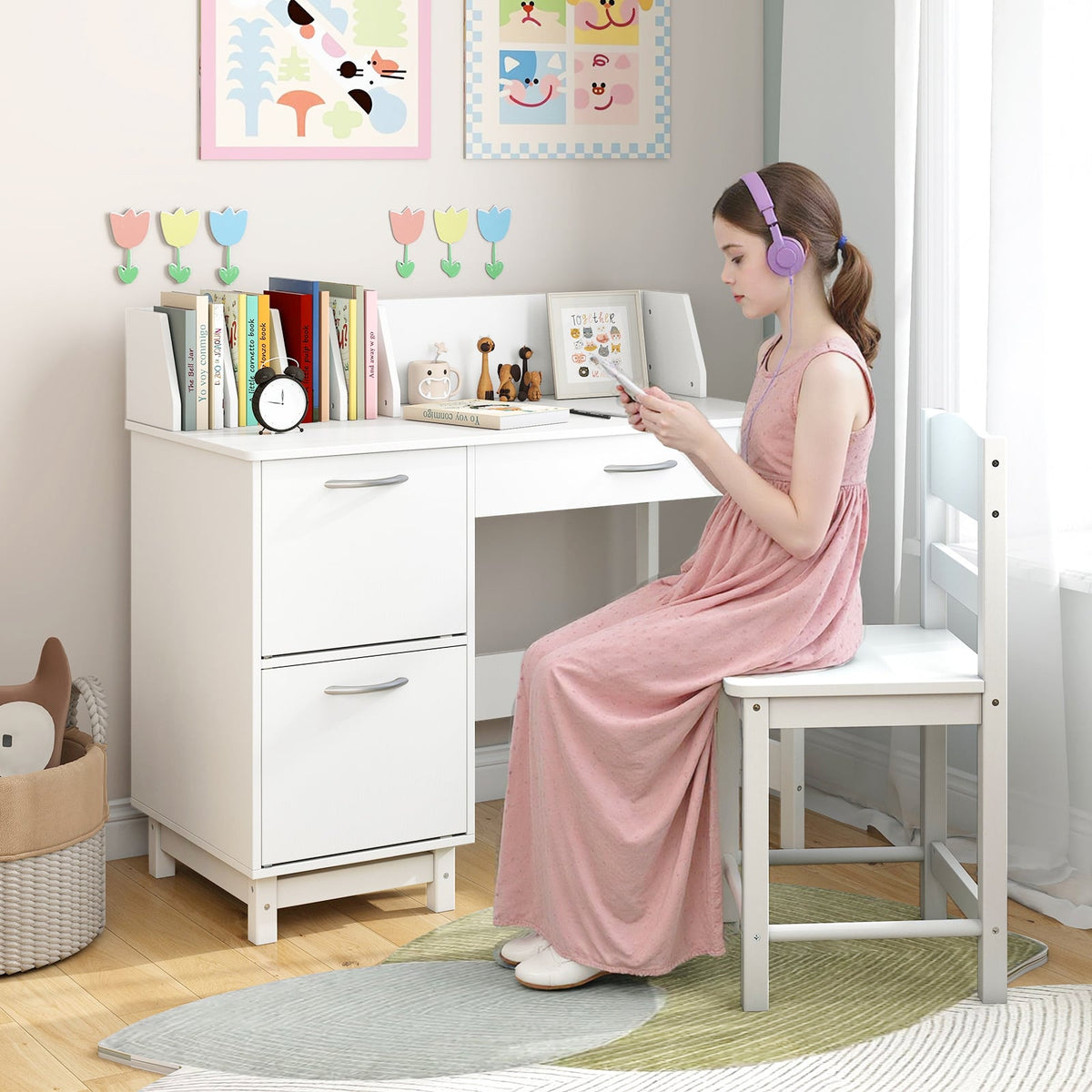Wooden Kids Study Desk and Chair Set Student Workstation-White-Kids Tables & Chair Sets-DECOROLALA