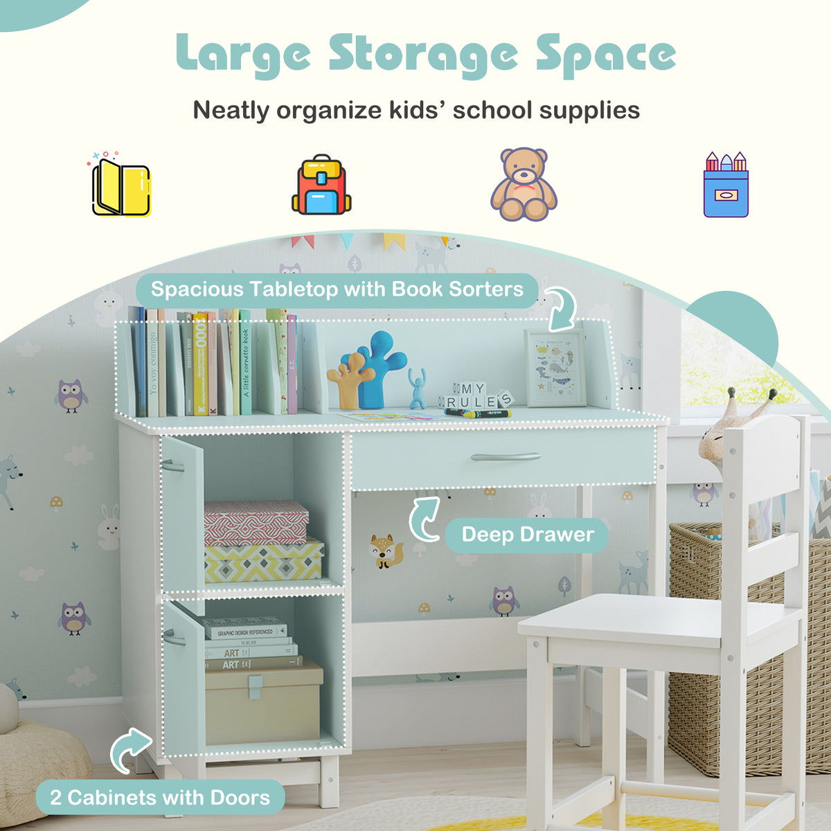 Wooden Kids Study Desk and Chair Set Student Workstation-White-Kids Tables & Chair Sets-DECOROLALA