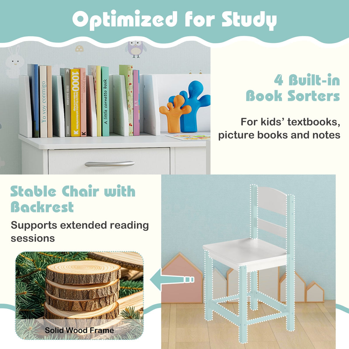 Wooden Kids Study Desk and Chair Set Student Workstation-White-Kids Tables & Chair Sets-DECOROLALA