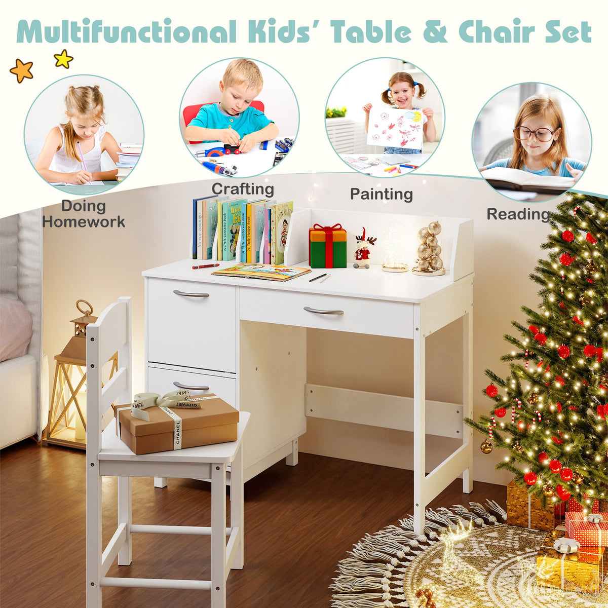 Wooden Kids Study Desk and Chair Set Student Workstation-White-Kids Tables & Chair Sets-DECOROLALA