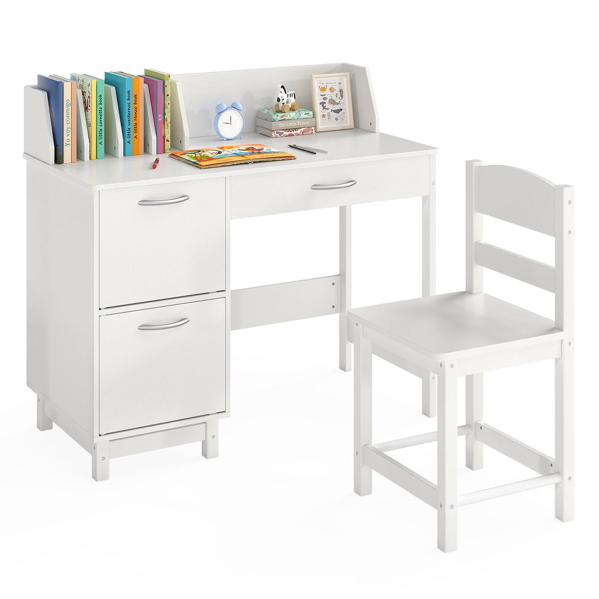 Wooden Kids Study Desk and Chair Set Student Workstation-White-Kids Tables & Chair Sets-DECOROLALA