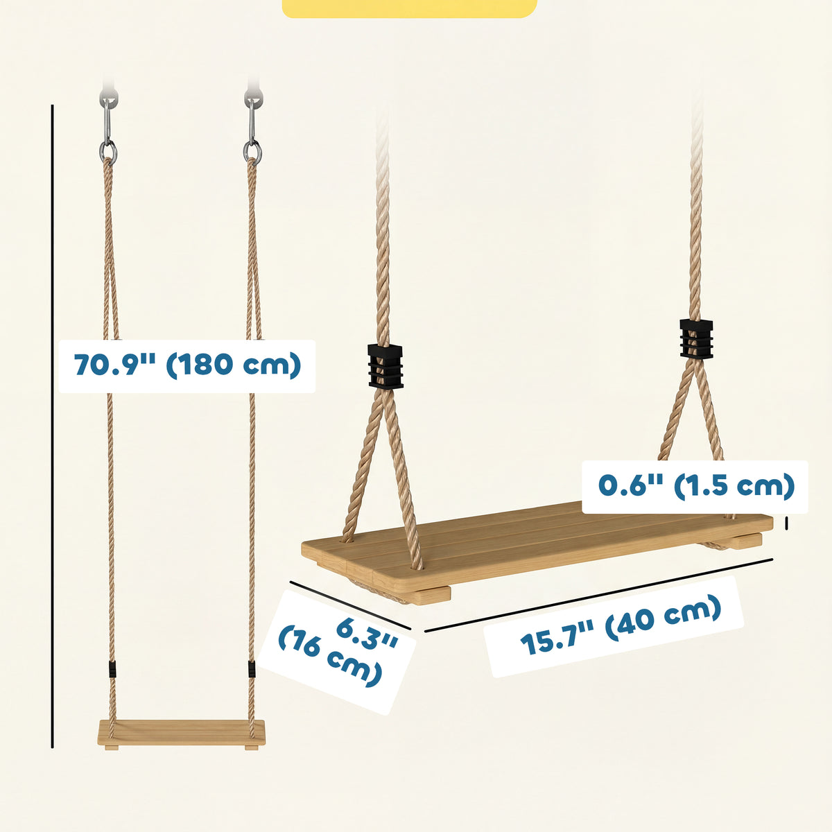 Wooden Swing Seat for Backyard Adjustable Rope Outdoor Playground Playset for Kids with Tree Straps Carabiners-Toys & Games > Kids Outdoor Play > Gym Sets & Swings-DECOROLALA
