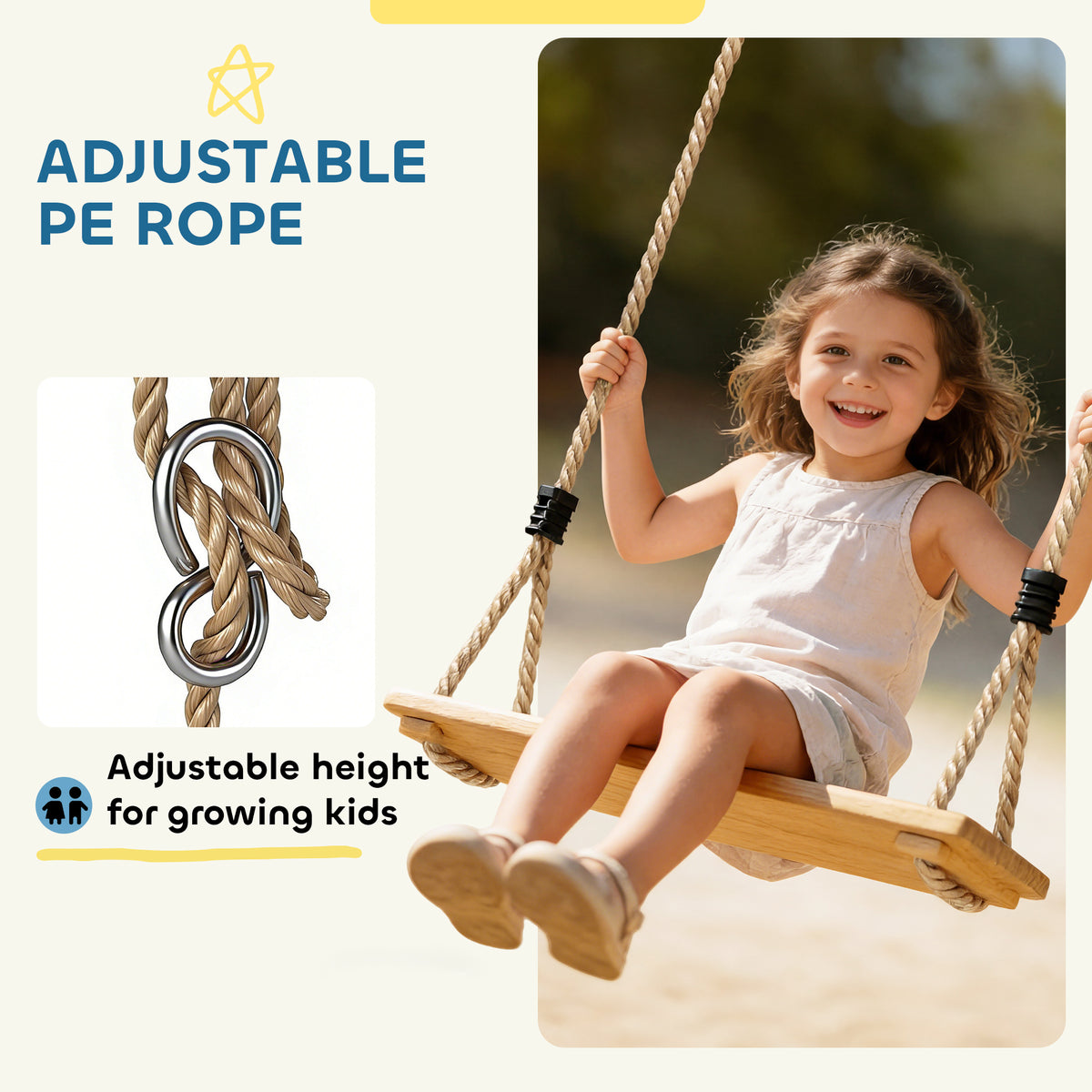 Wooden Swing Seat for Backyard Adjustable Rope Outdoor Playground Playset for Kids with Tree Straps Carabiners-Toys & Games > Kids Outdoor Play > Gym Sets & Swings-DECOROLALA