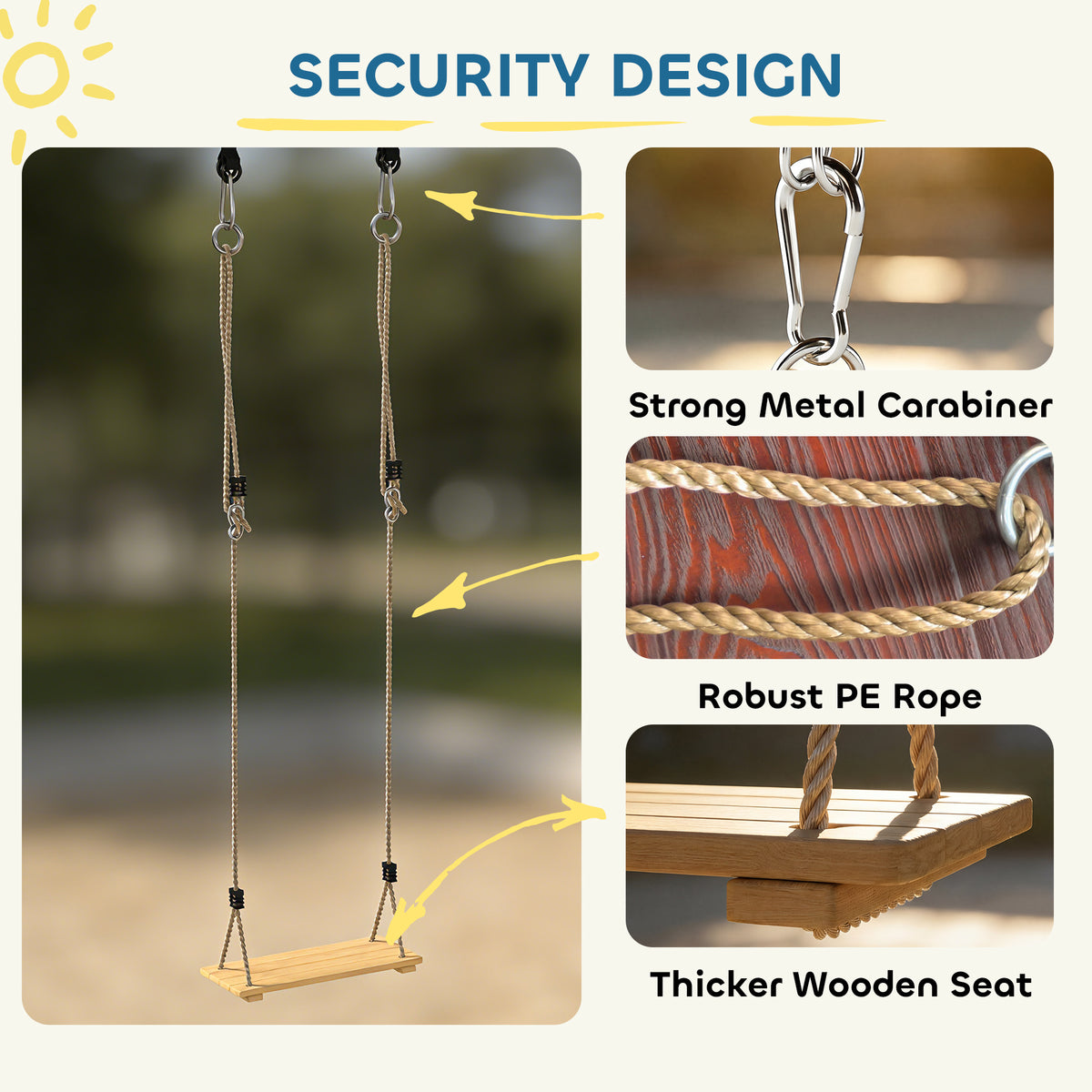 Wooden Swing Seat for Backyard Adjustable Rope Outdoor Playground Playset for Kids with Tree Straps Carabiners-Toys & Games > Kids Outdoor Play > Gym Sets & Swings-DECOROLALA