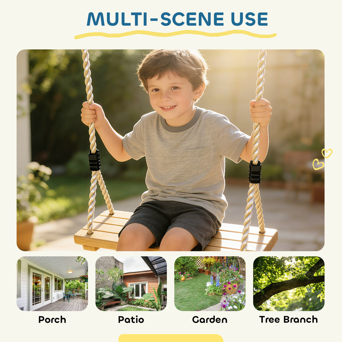 Wooden Swing Seat for Backyard Adjustable Rope Outdoor Playground Playset for Kids with Tree Straps Carabiners-Toys & Games > Kids Outdoor Play > Gym Sets & Swings-DECOROLALA