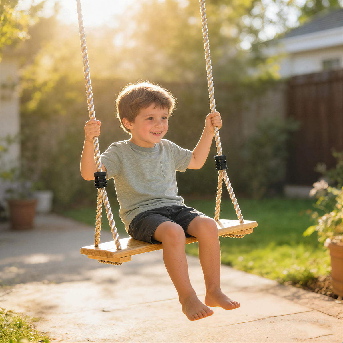 Wooden Swing Seat for Backyard Adjustable Rope Outdoor Playground Playset for Kids with Tree Straps Carabiners-Toys & Games > Kids Outdoor Play > Gym Sets & Swings-DECOROLALA