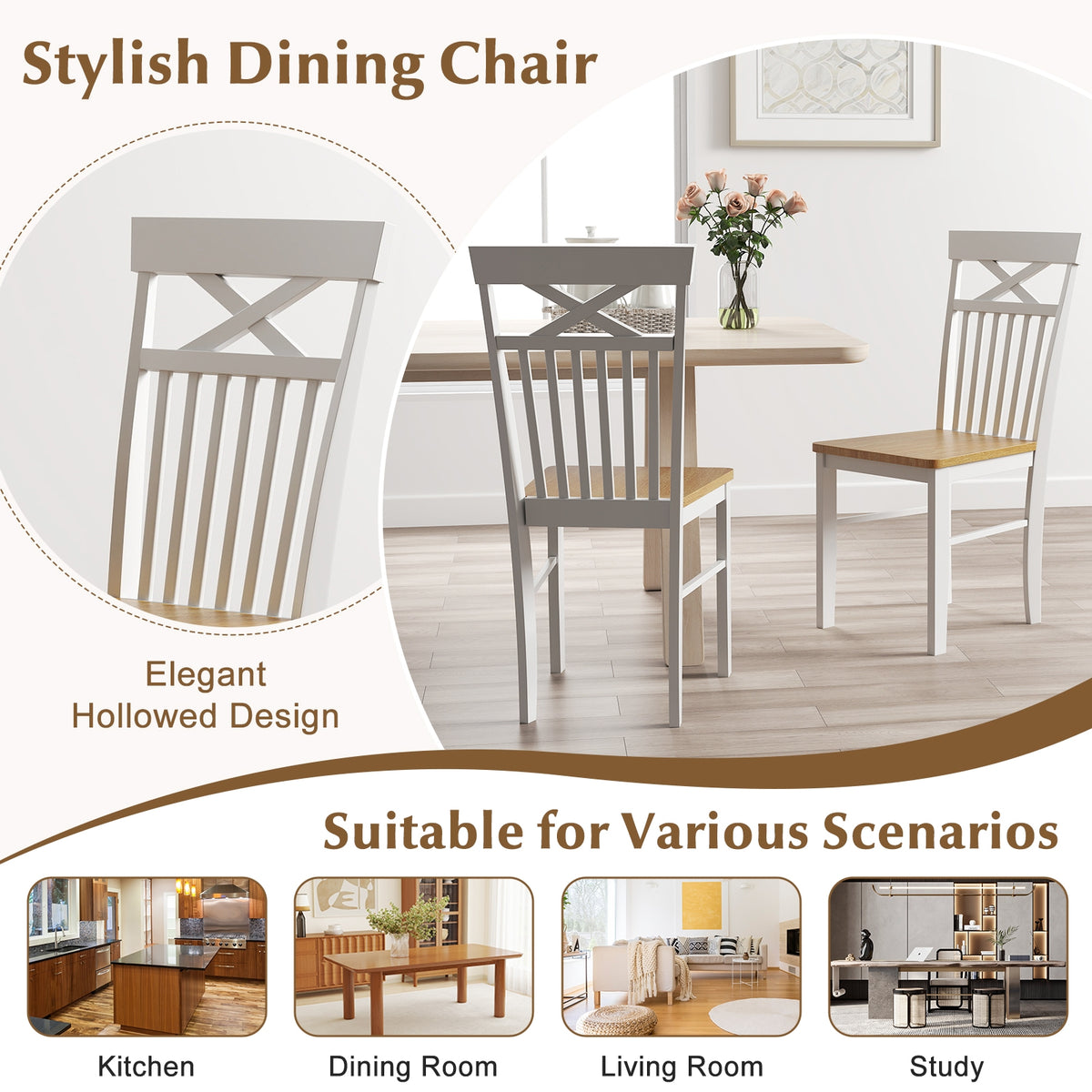 Wooden Kitchen Dining Chair Set of 2 with Rubber Wood Frame-Natural-Dining Chairs-DECOROLALA