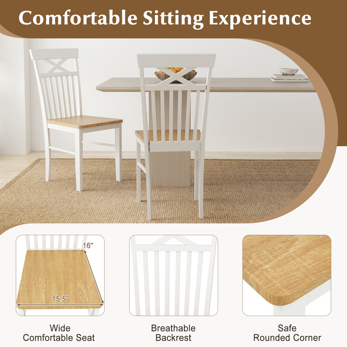 Wooden Kitchen Dining Chair Set of 2 with Rubber Wood Frame-Natural-Dining Chairs-DECOROLALA