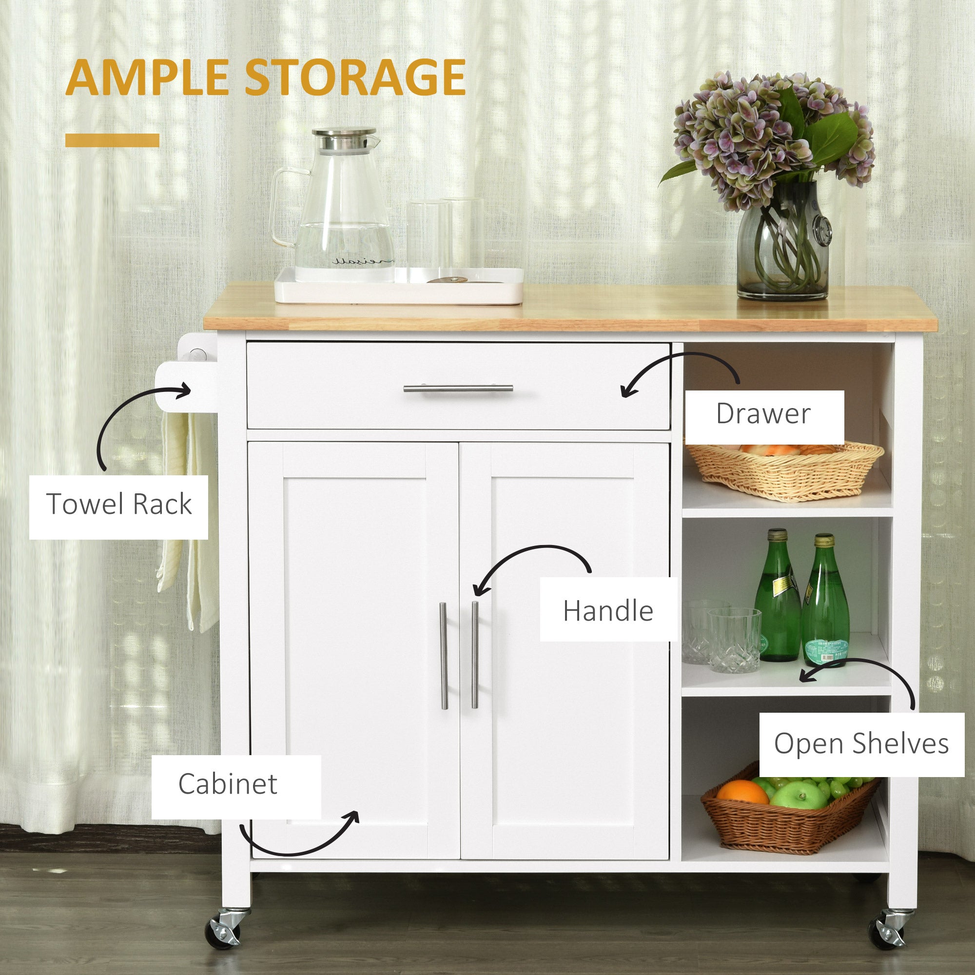 Wooden Kitchen Island Rolling Storage Cart - White-DECOROLALA