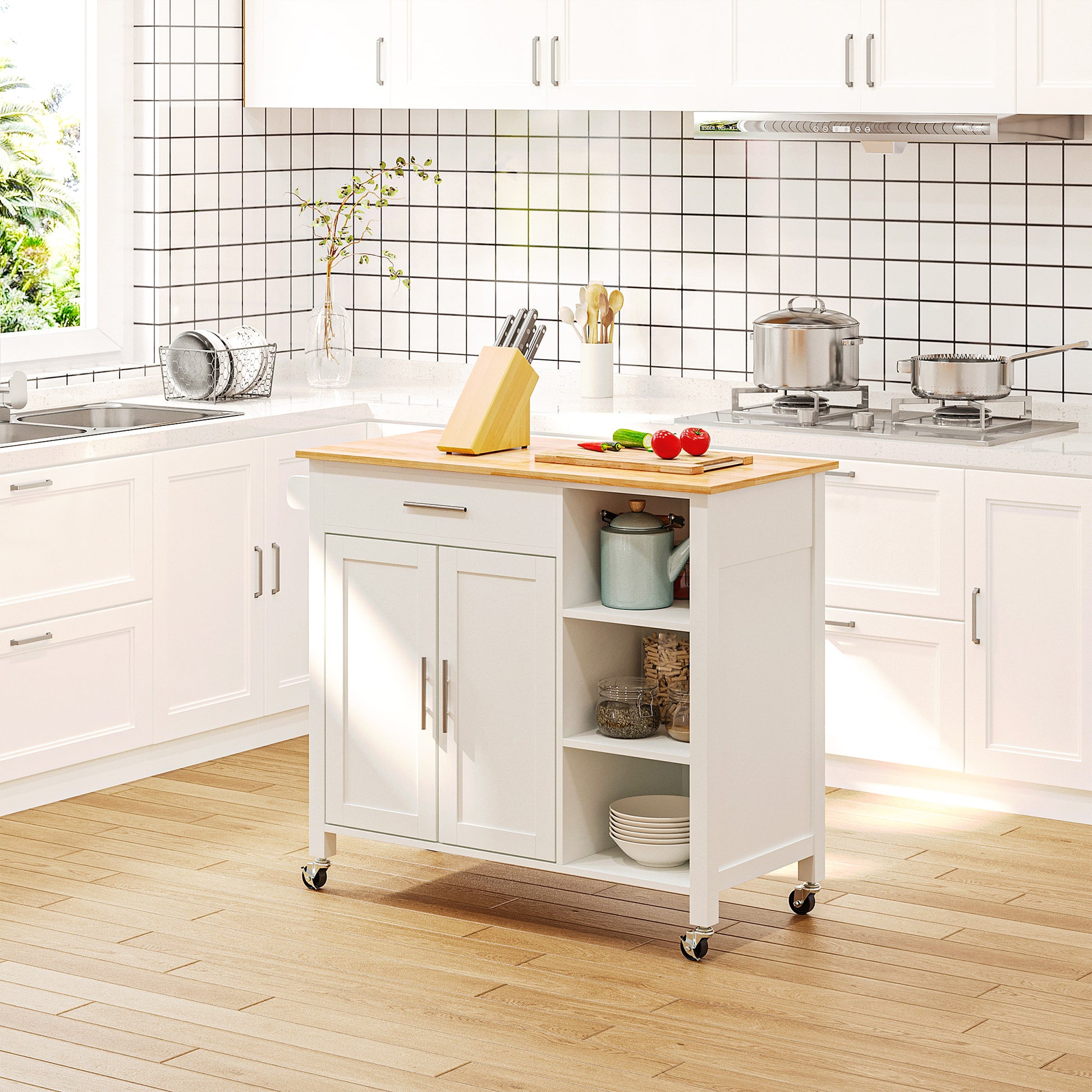 Wooden Kitchen Island Rolling Storage Cart - White-DECOROLALA