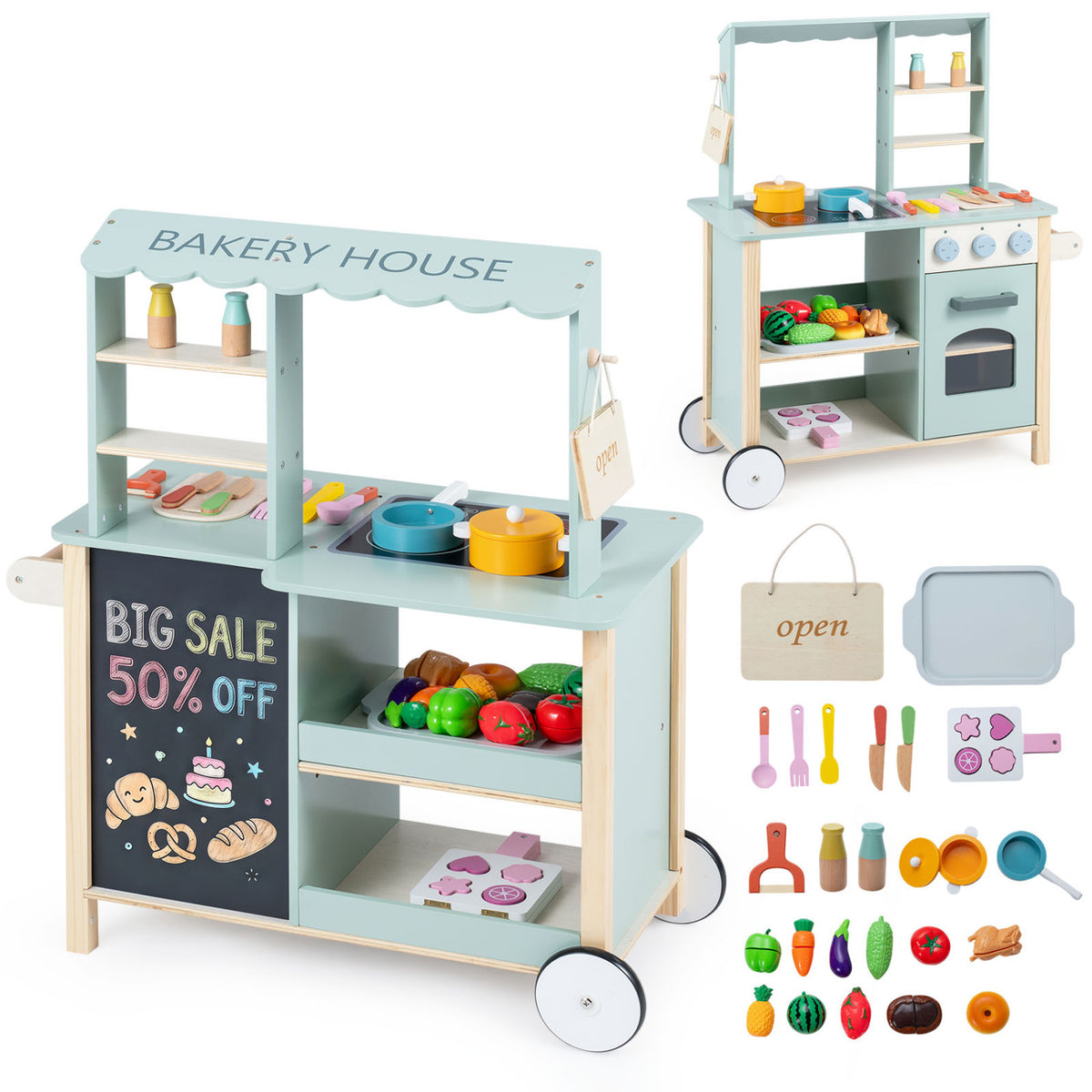 Wooden Kitchen Playset with Cookware Accessories - Green-Play Kitchen Sets-DECOROLALA