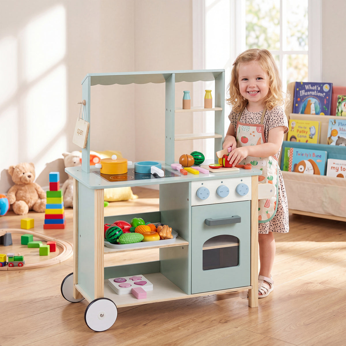Wooden Kitchen Playset with Cookware Accessories - Green-Play Kitchen Sets-DECOROLALA