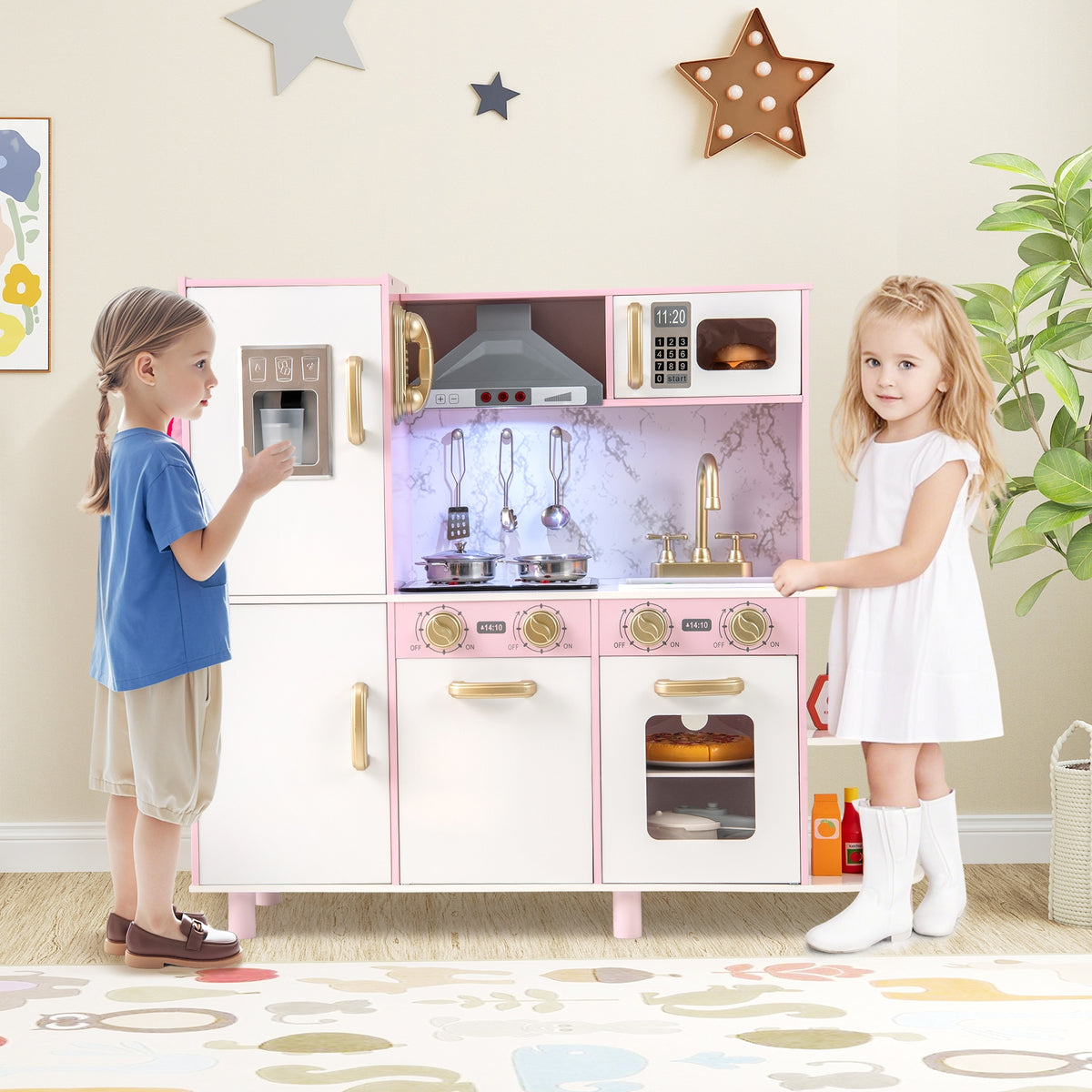 Wooden Kitchen Playset with Ice Maker and Sounds - Pink-Play Kitchen Sets-DECOROLALA