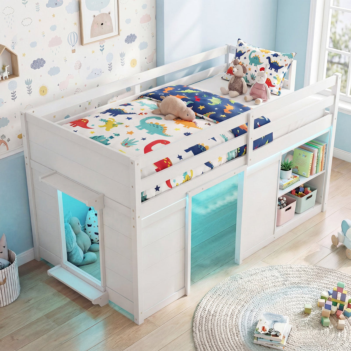 Wooden Low Kids Loft Bed with LED Lights and 2 Doors-Bunk Bed Frame-DECOROLALA