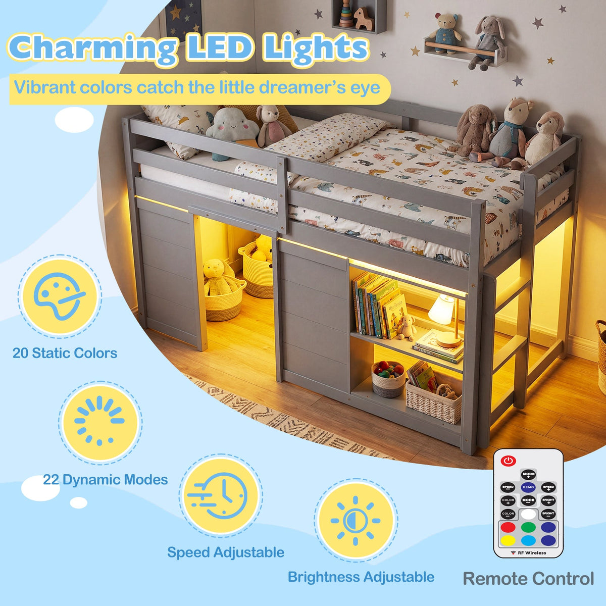 Wooden Low Kids Loft Bed with LED Lights and 2 Doors-Bunk Bed Frame-DECOROLALA