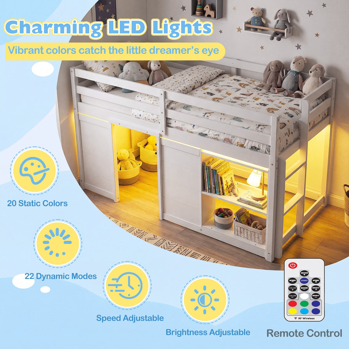 Wooden Low Kids Loft Bed with LED Lights and 2 Doors-Bunk Bed Frame-DECOROLALA