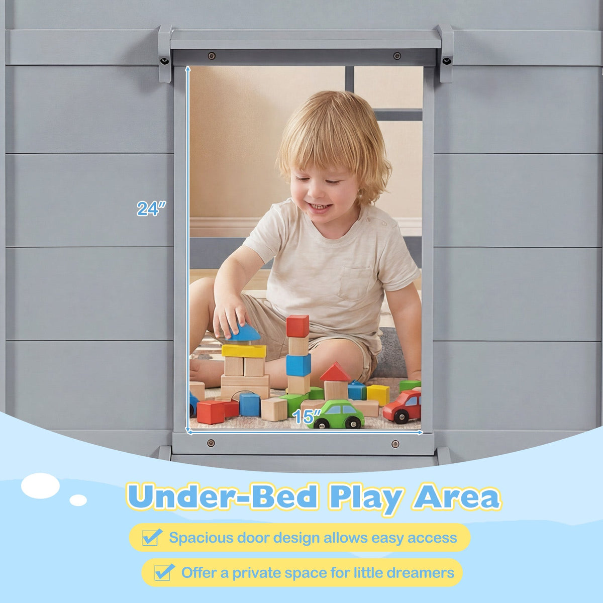 Wooden Low Kids Loft Bed with LED Lights and 2 Doors-Bunk Bed Frame-DECOROLALA